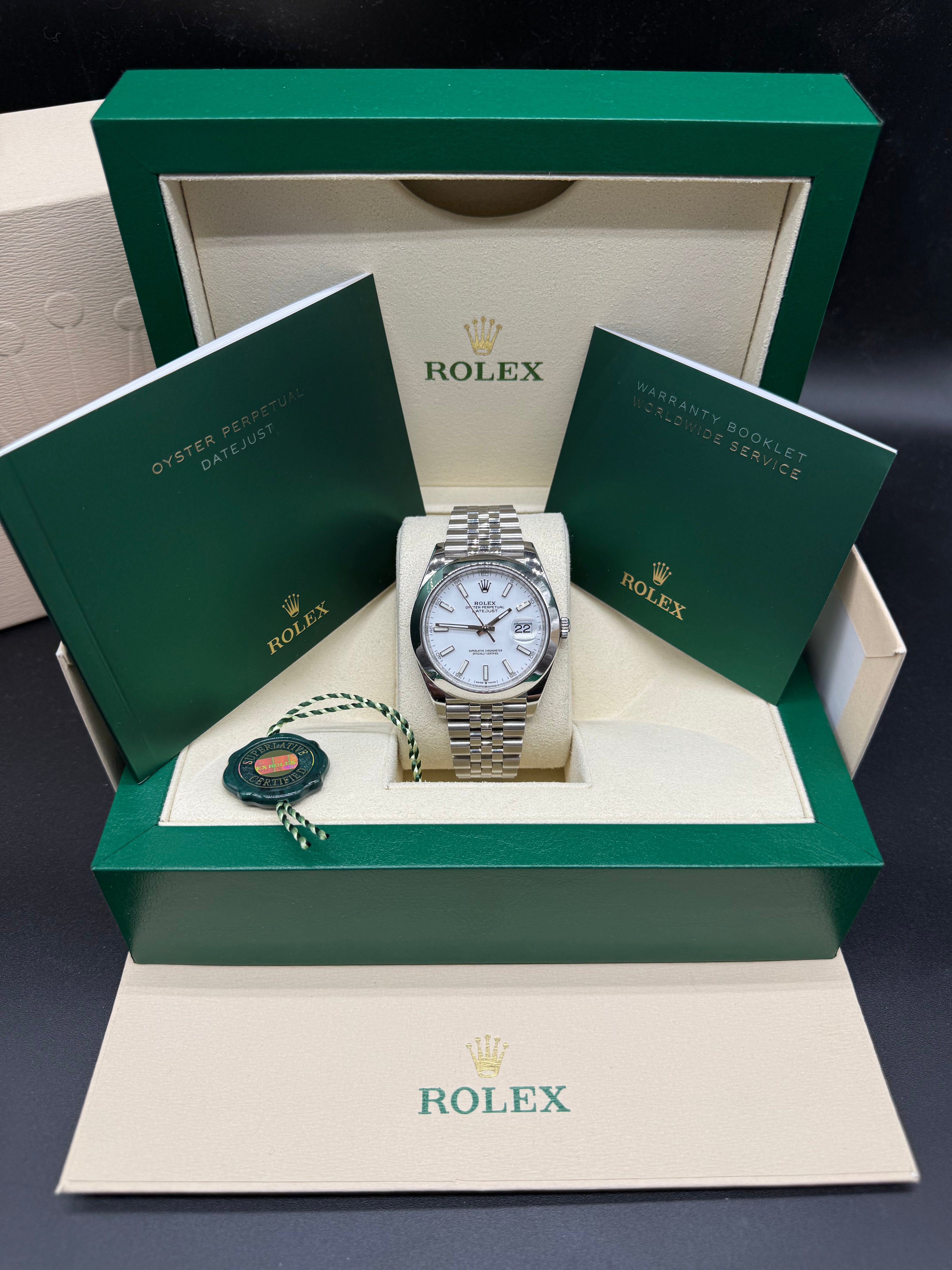 Rolex Datejust 41mm Stainless Steel White Stick Dial Smooth Bezel Jubilee