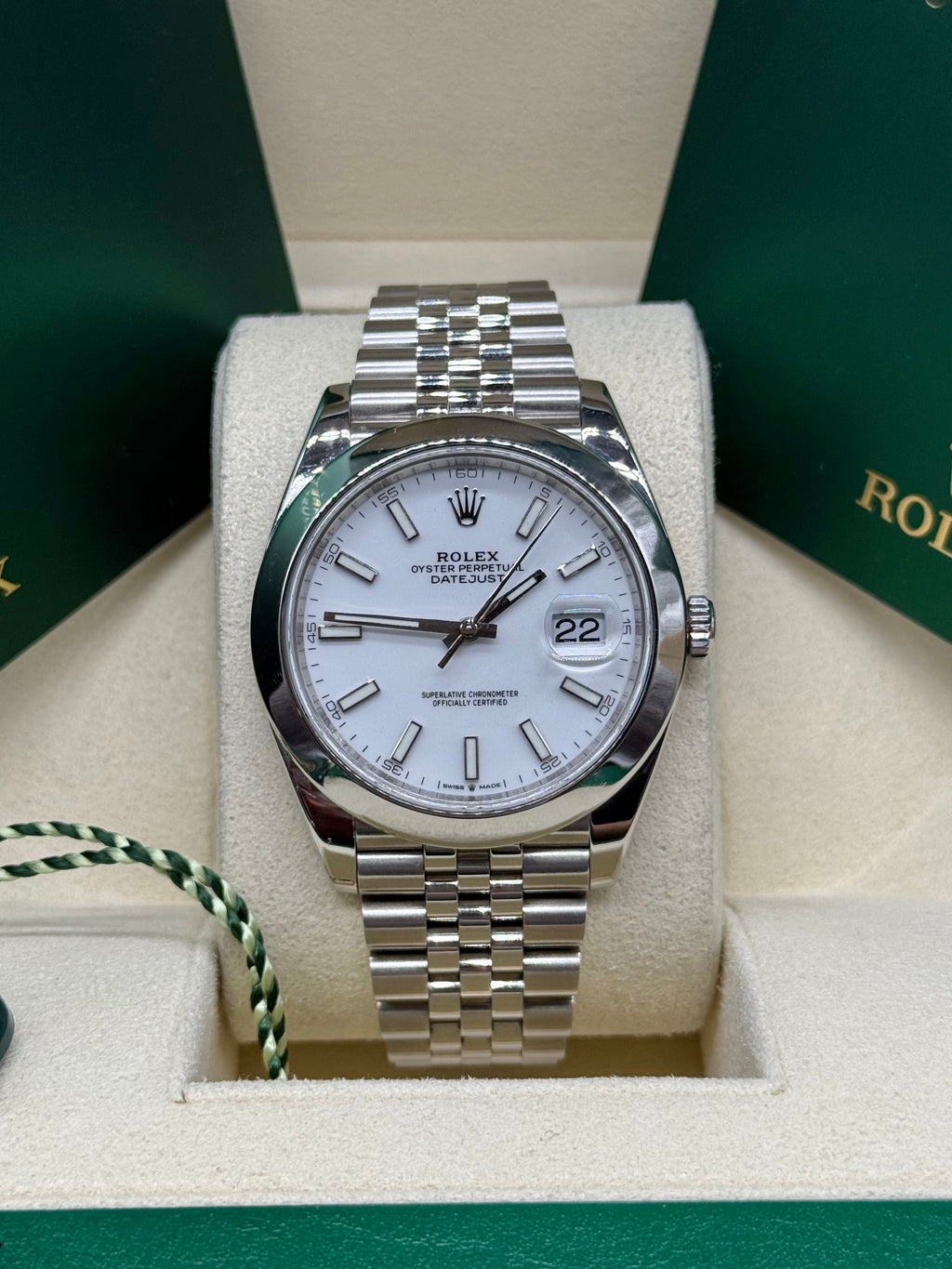 Rolex Datejust 41mm Stainless Steel White Stick Dial Smooth Bezel Jubilee