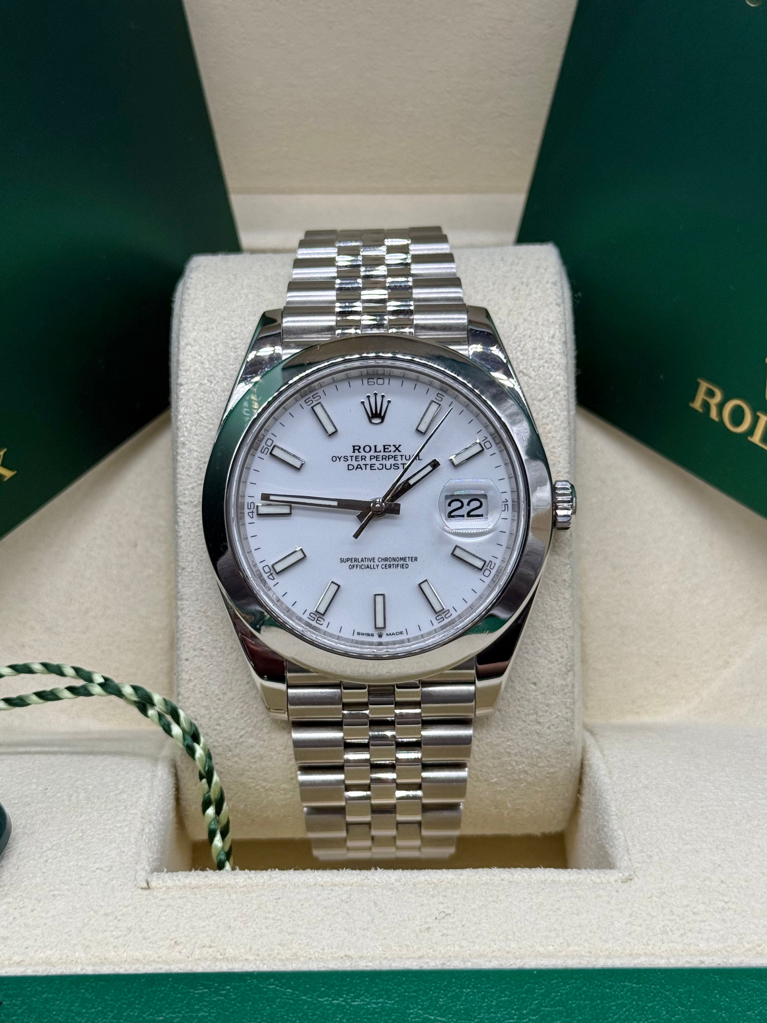 Rolex Datejust 41mm Stainless Steel White Stick Dial Smooth Bezel Jubilee