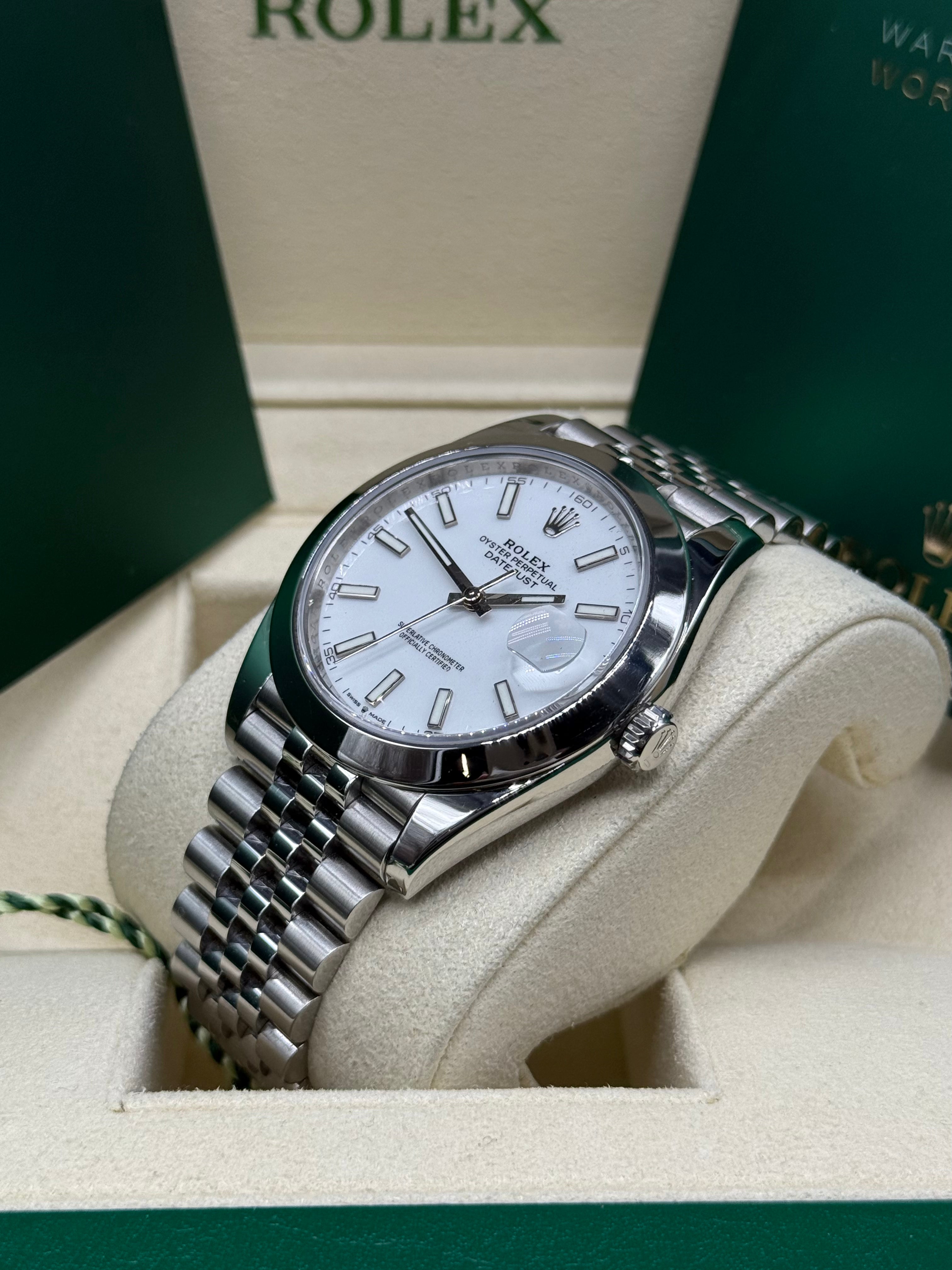 Rolex Datejust 41mm Stainless Steel White Stick Dial Smooth Bezel Jubilee