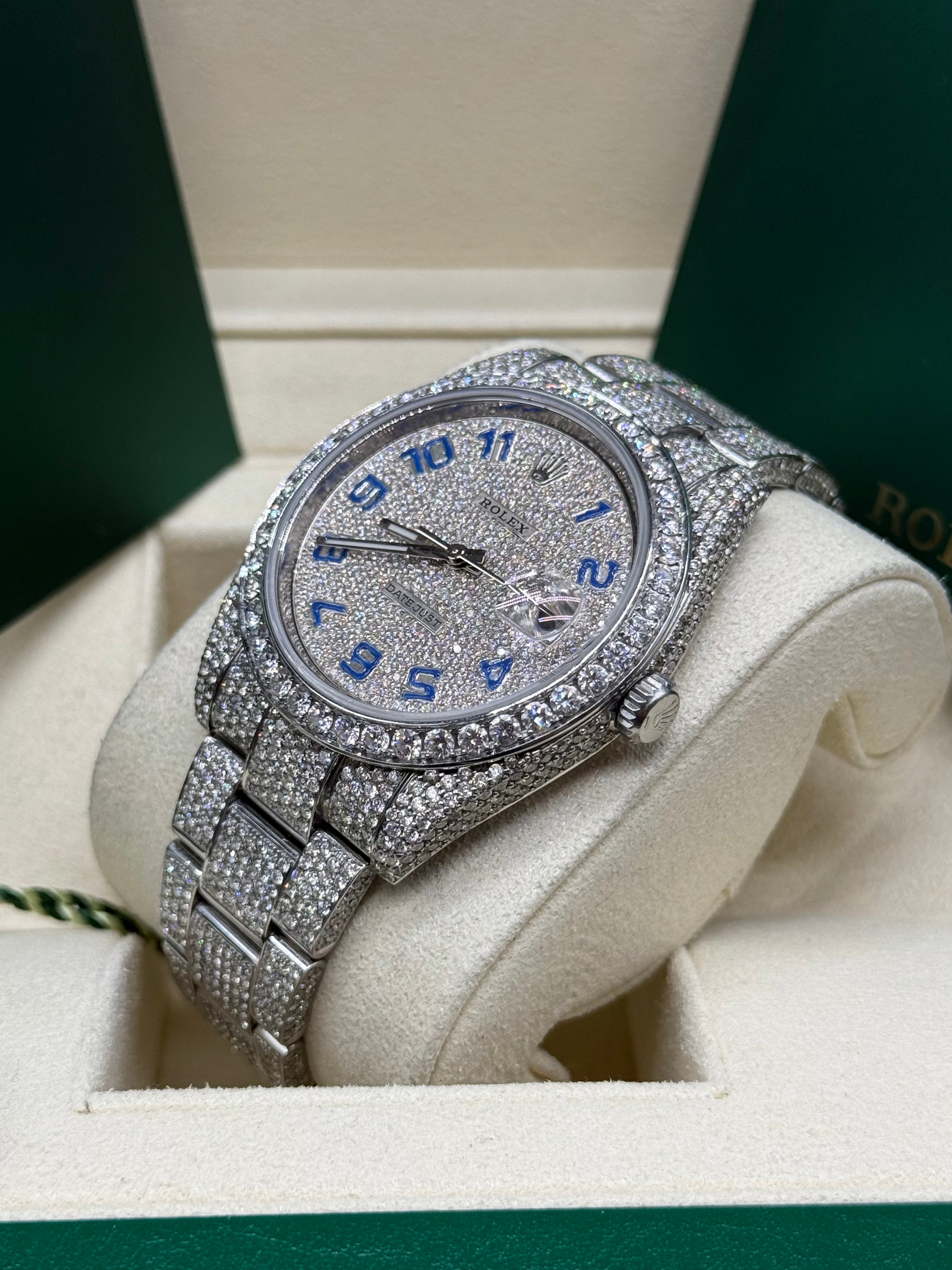 Rolex Datejust 41mm Stainless Steel Full Diamond Iced Out Pave Dial Blue Arabic Numerals