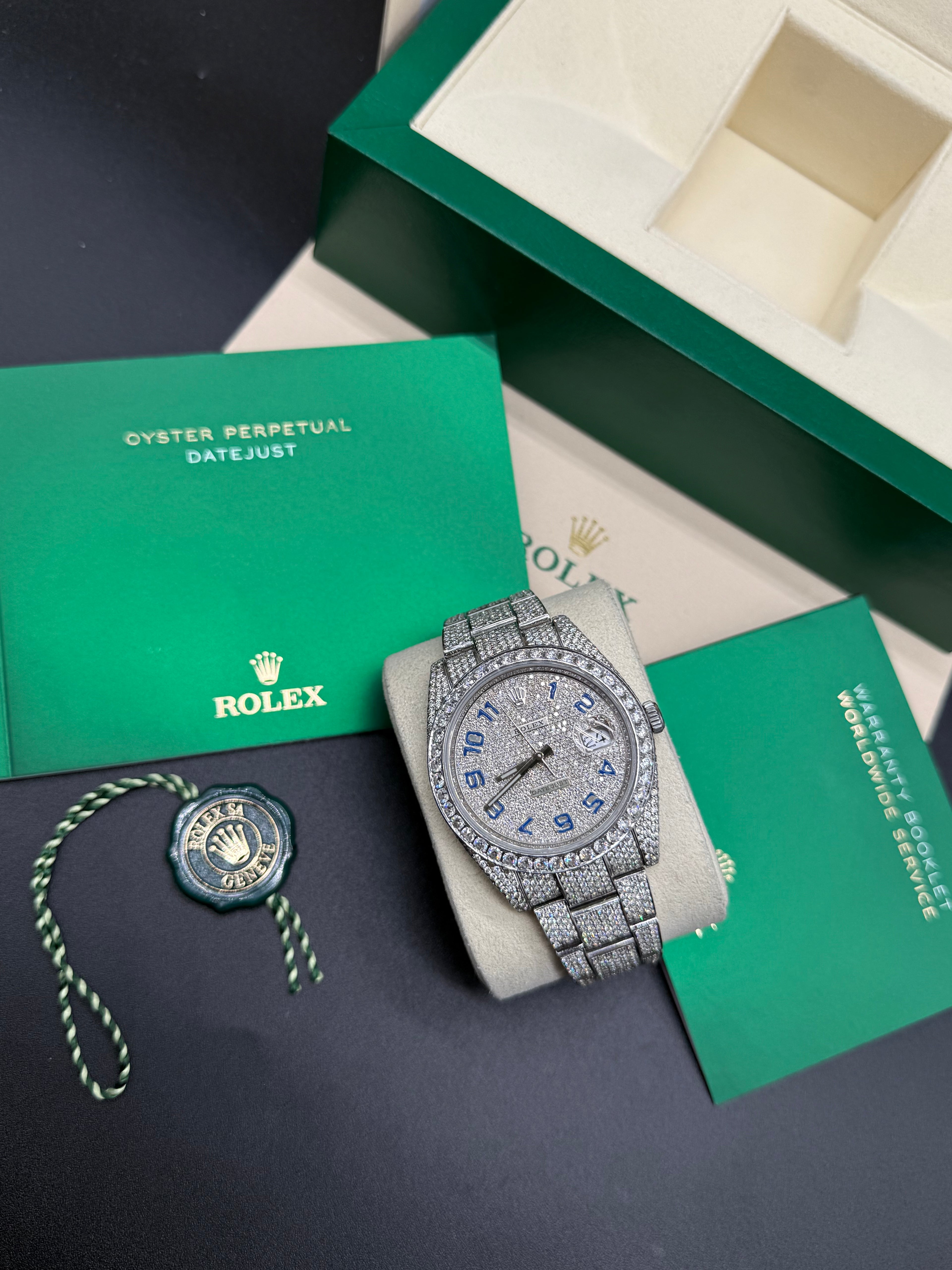 Rolex Datejust 41mm Stainless Steel Full Diamond Iced Out Pave Dial Blue Arabic Numerals