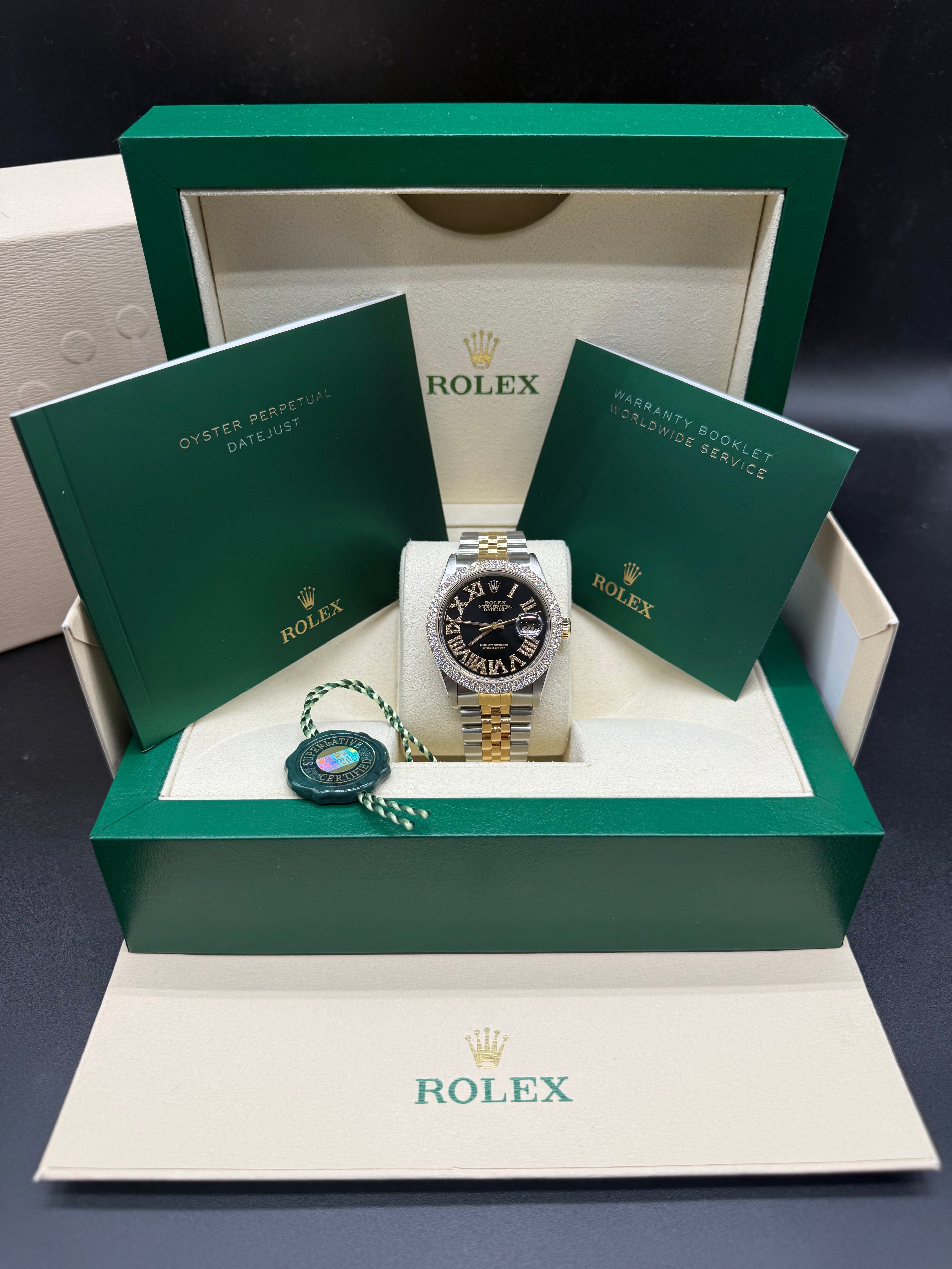 Rolex Datejust 36mm Two-Tone Stainless Steel & 18K Yellow Gold Black Dial Diamond Roman Numeral Bezel Jubilee Bracelet