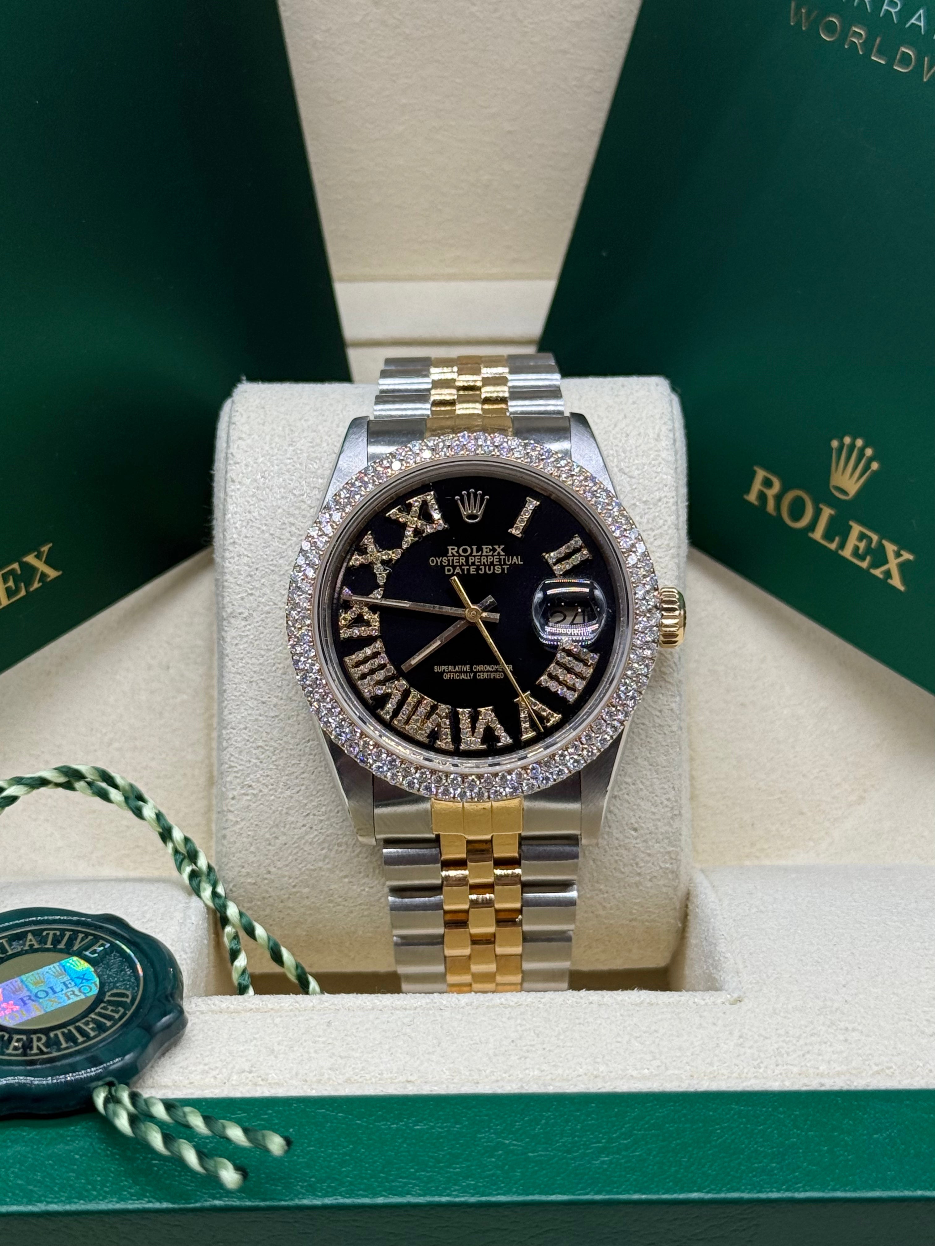 Rolex Datejust 36mm Two-Tone Stainless Steel & 18K Yellow Gold Black Dial Diamond Roman Numeral Bezel Jubilee Bracelet