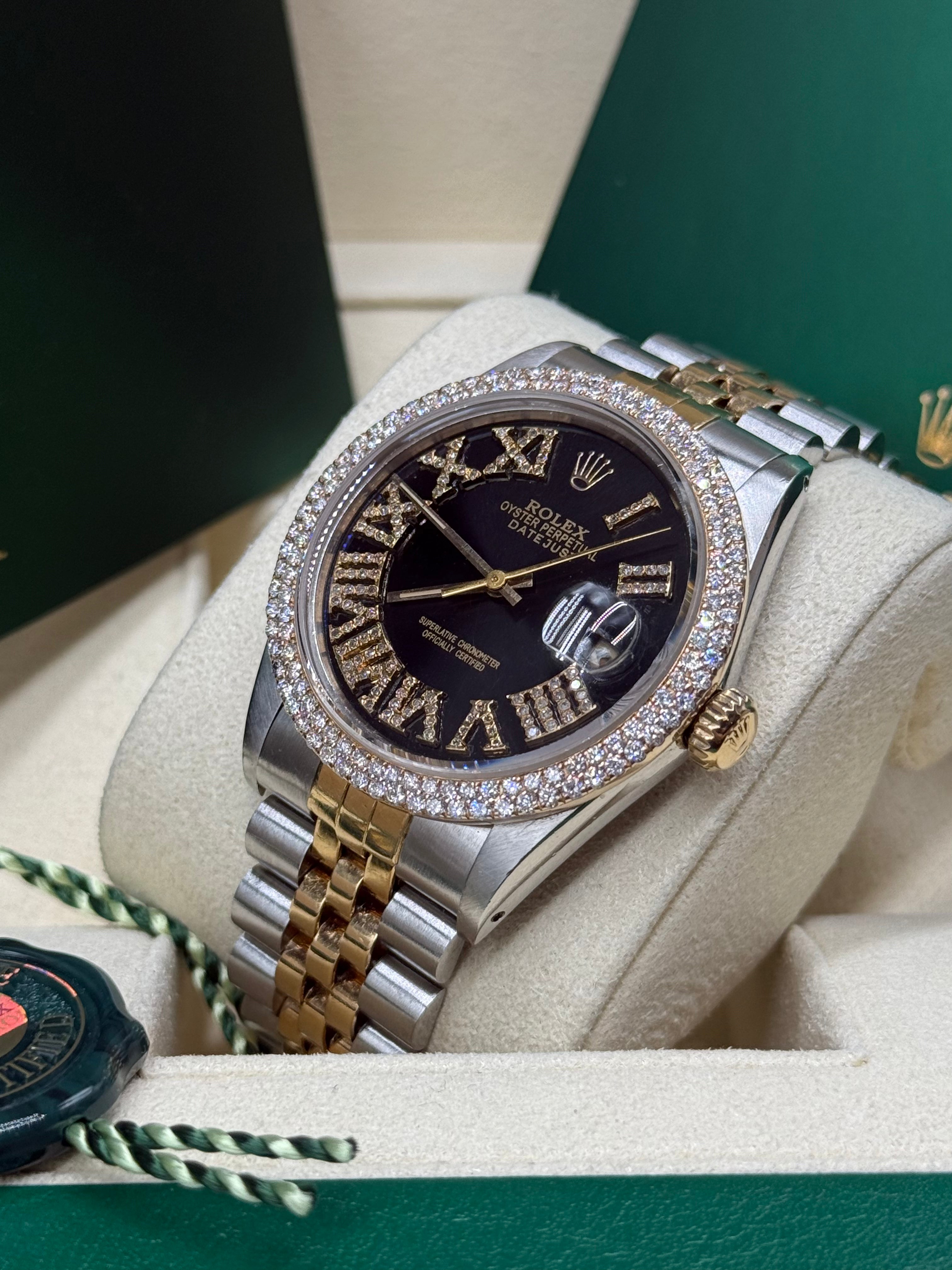 Rolex Datejust 36mm Two-Tone Stainless Steel & 18K Yellow Gold Black Dial Diamond Roman Numeral Bezel Jubilee Bracelet
