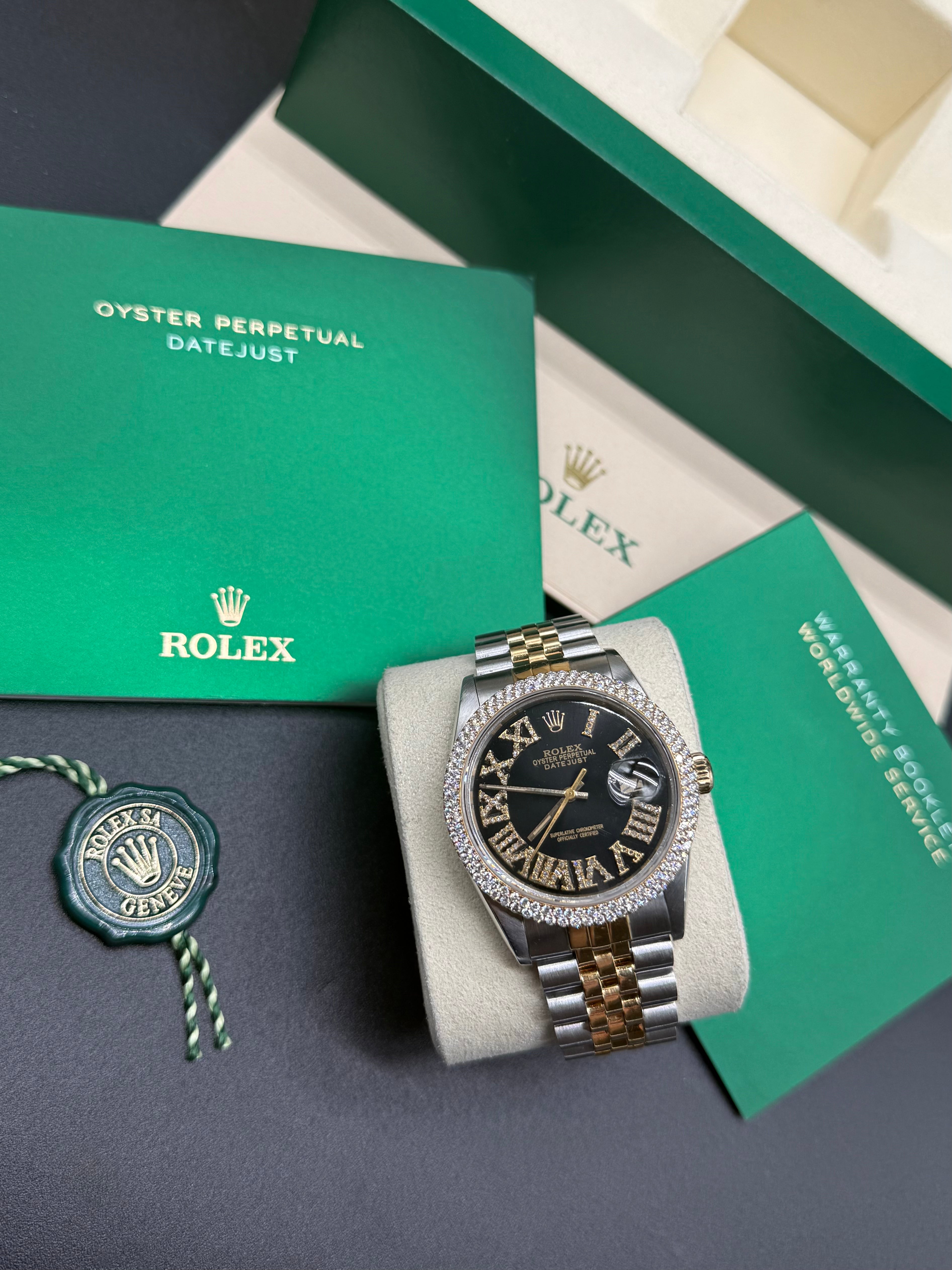 Rolex Datejust 36mm Two-Tone Stainless Steel & 18K Yellow Gold Black Dial Diamond Roman Numeral Bezel Jubilee Bracelet