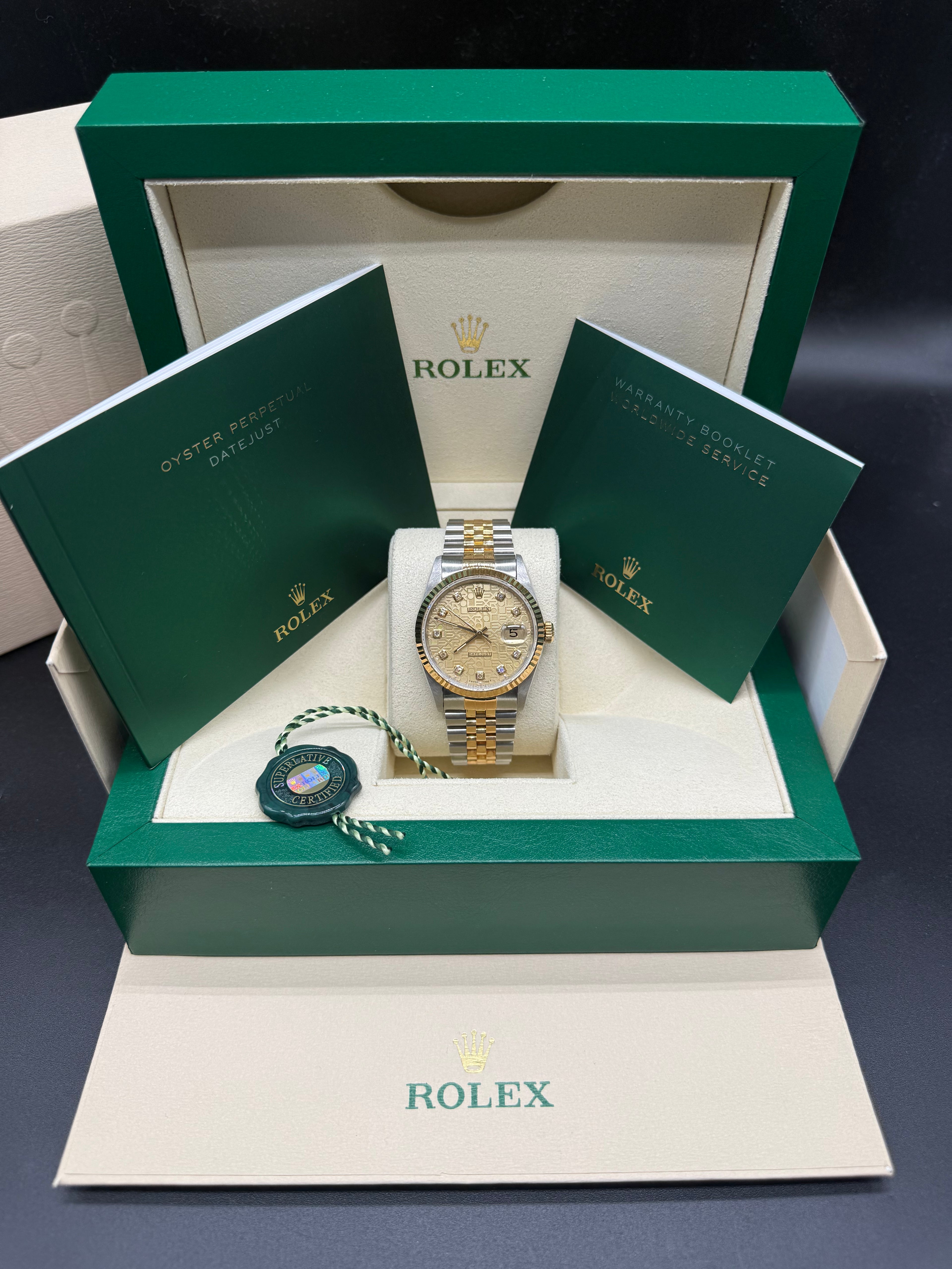 Rolex Datejust 36mm Two-Tone Stainless Steel & 18K Yellow Gold Champagne Computer Anniversary Diamond Dial Fluted Bezel Jubilee Bracelet