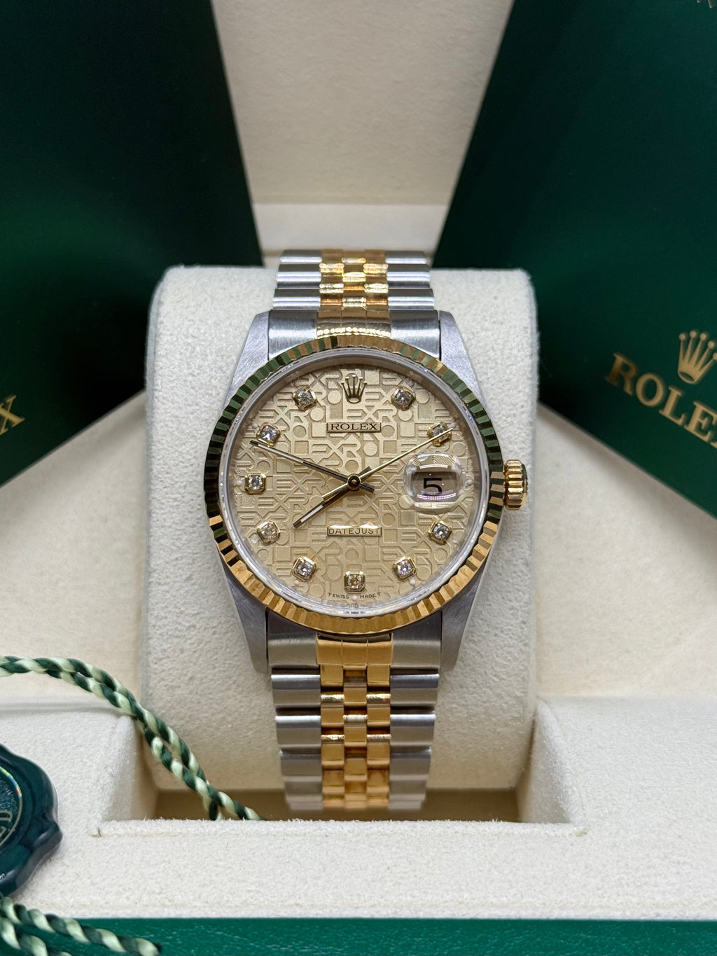 Rolex Datejust 36mm Two-Tone Stainless Steel & 18K Yellow Gold Champagne Computer Anniversary Diamond Dial Fluted Bezel Jubilee Bracelet