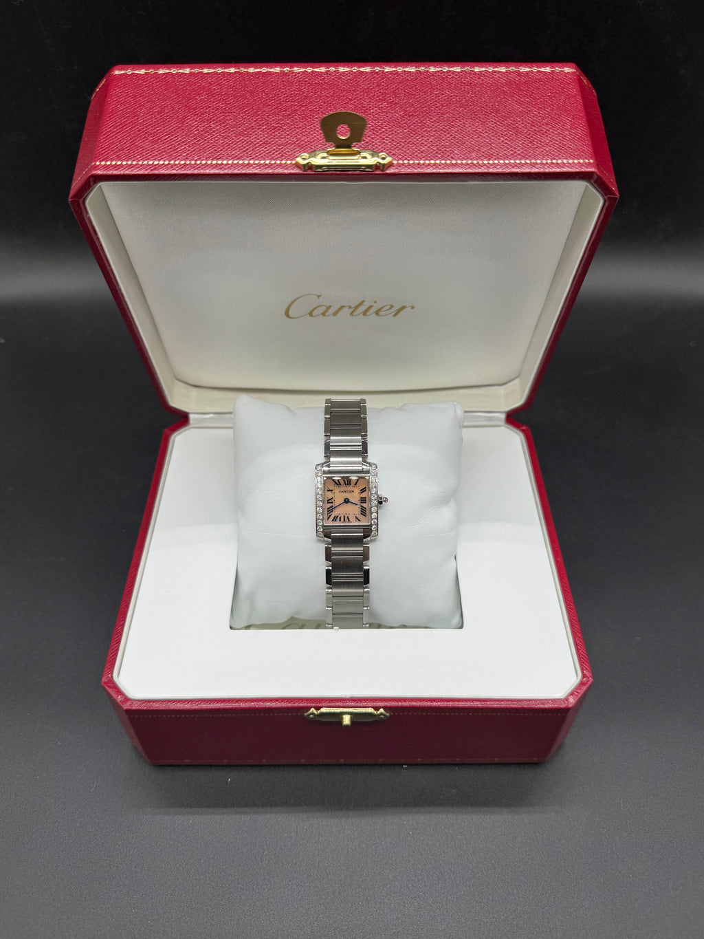 Cartier Tank Française Small 20mm Steel Diamond Bezel Pink MOP Dial