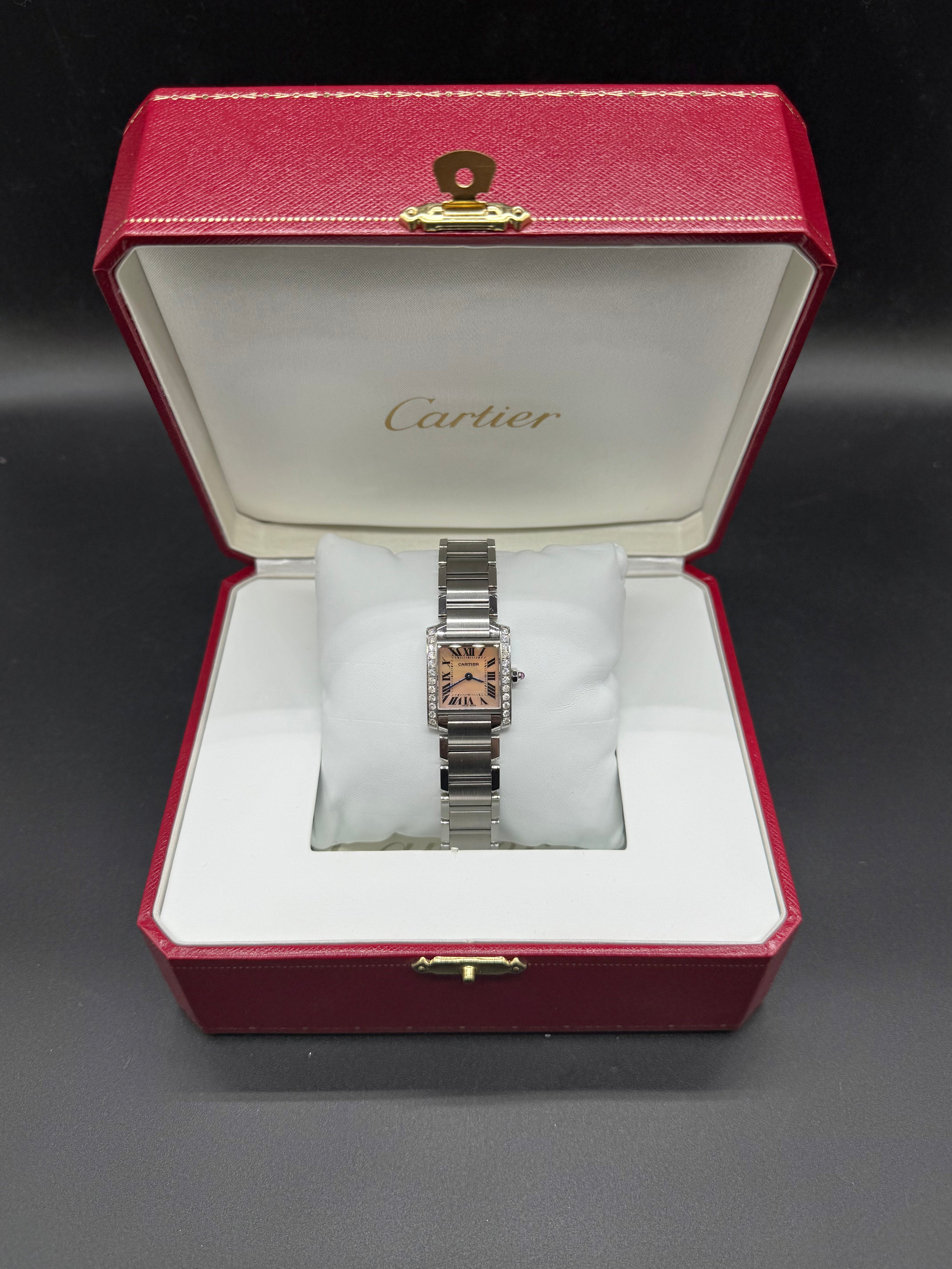Cartier Tank Française Small 20mm Steel Diamond Bezel Pink MOP Dial