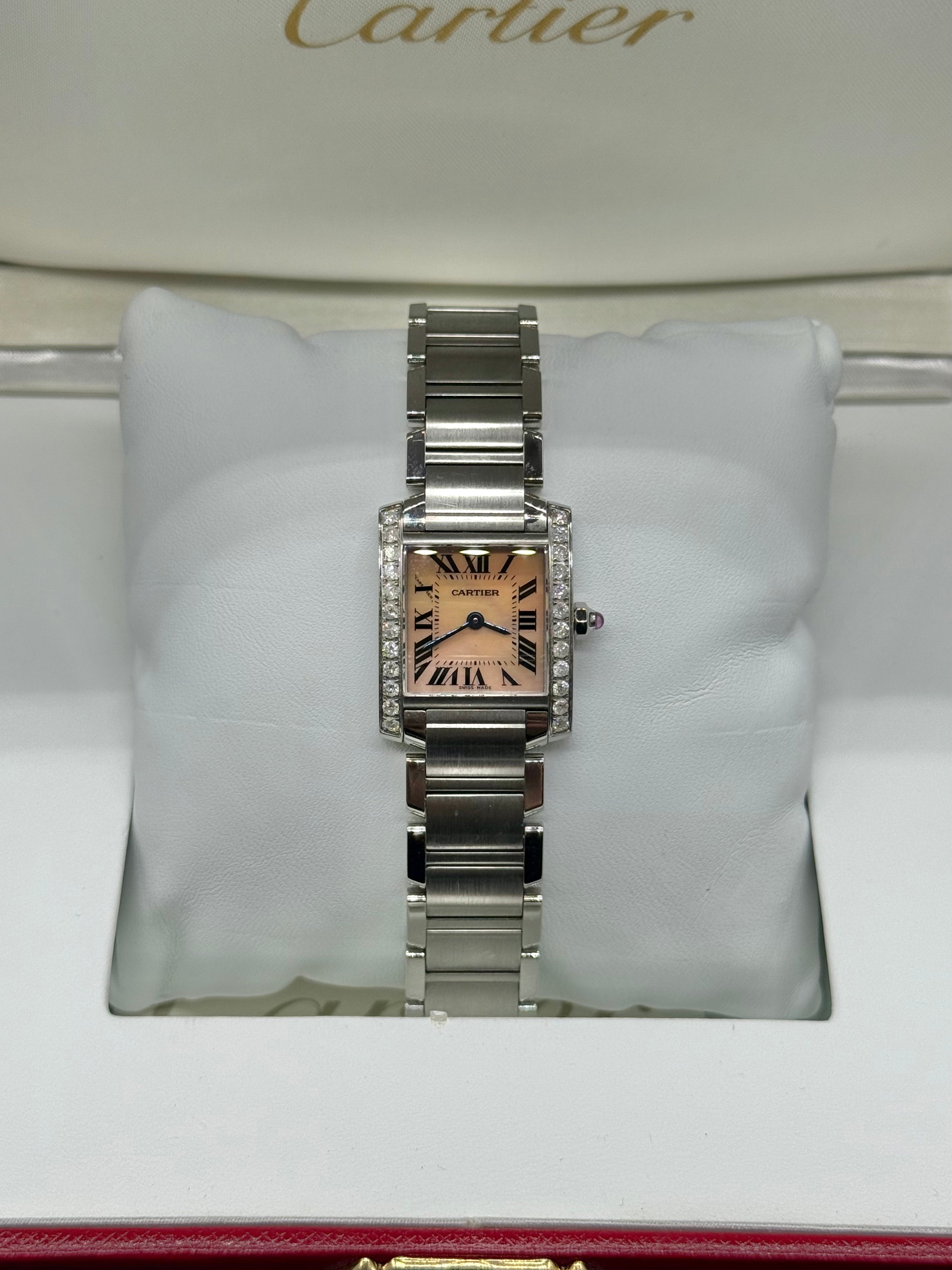 Cartier Tank Française Small 20mm Steel Diamond Bezel Pink MOP Dial
