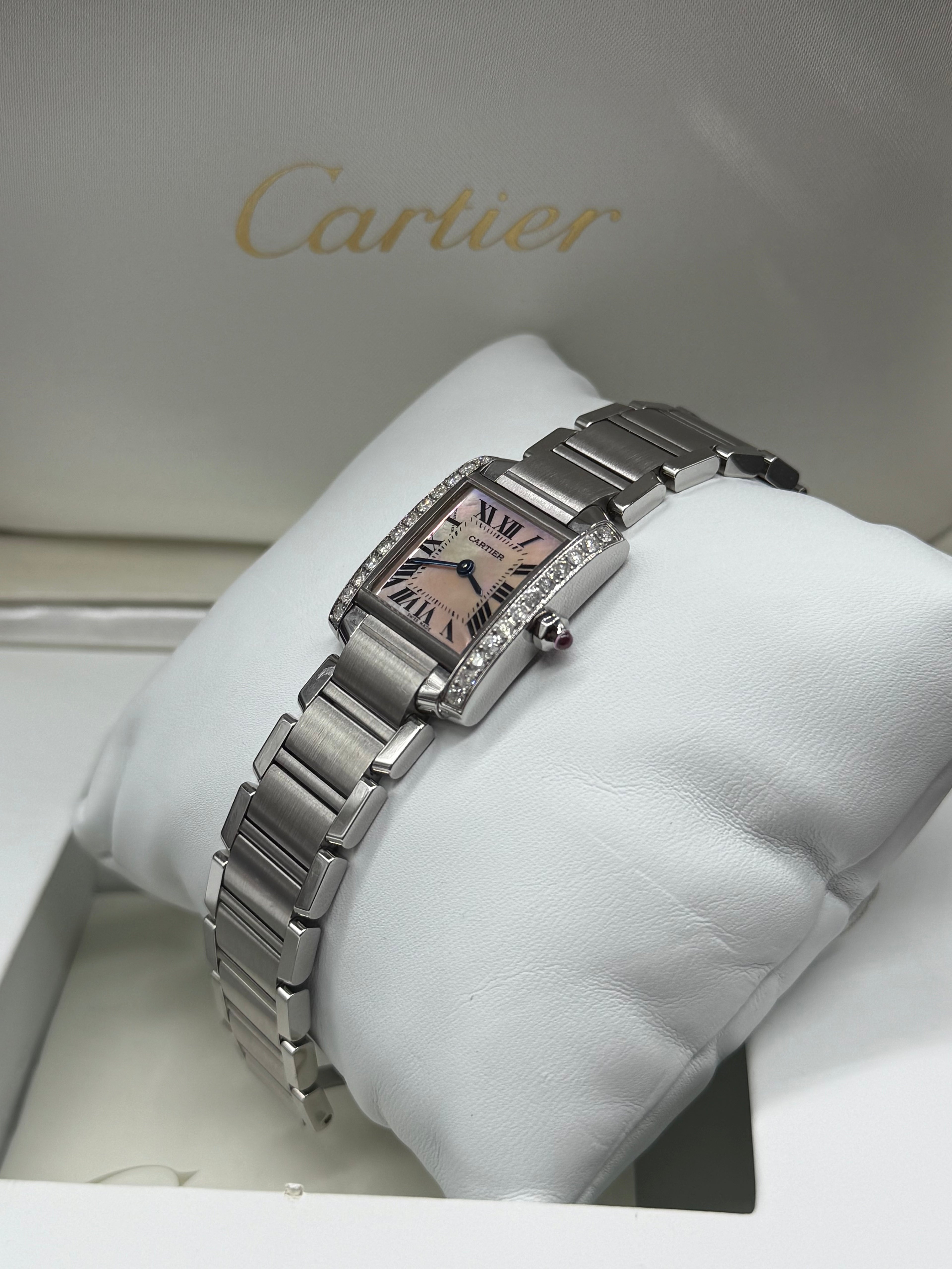 Cartier Tank Française Small 20mm Steel Diamond Bezel Pink MOP Dial