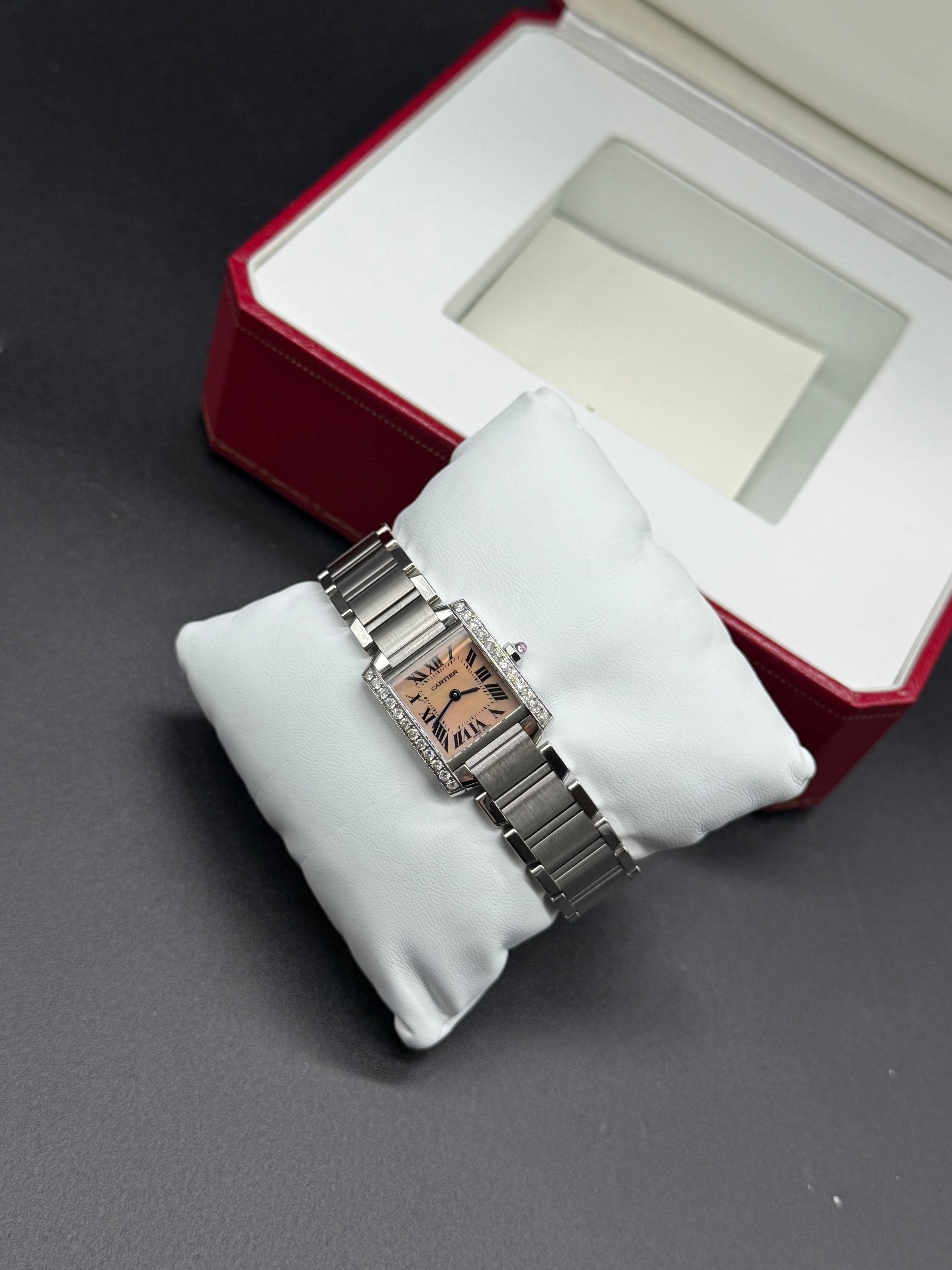 Cartier Tank Française Small 20mm Steel Diamond Bezel Pink MOP Dial