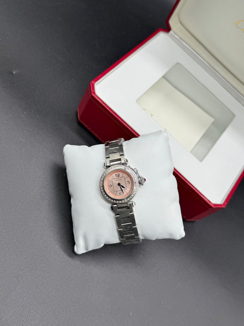 Cartier Pasha de Cartier Mini 27mm Steel Diamond Bezel Salmon Pink Dial at Adonia Jewellers in Yorkville, Toronto