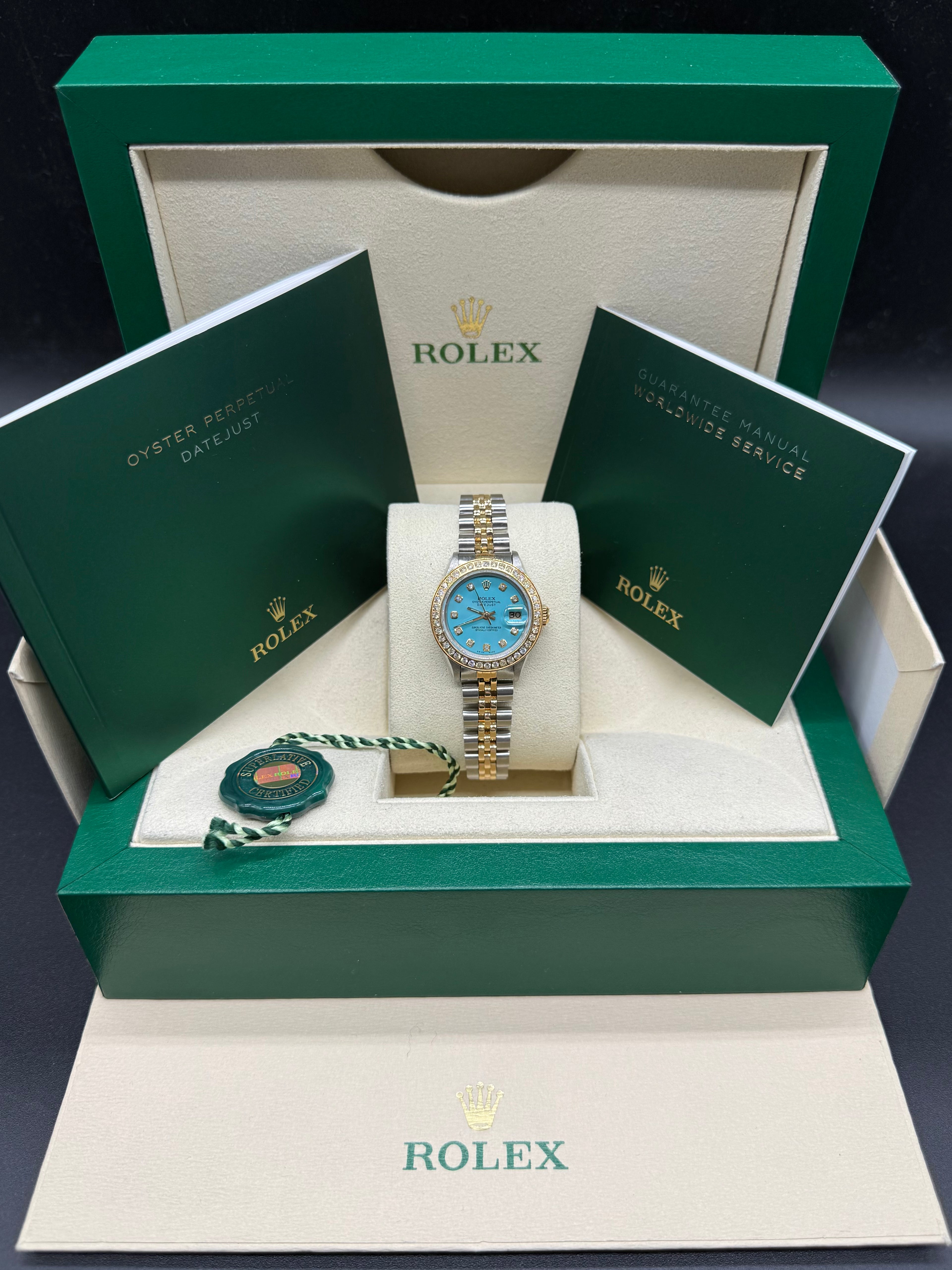 Rolex Lady-Datejust 26mm Two-Tone Steel & 18K Gold Turquoise Diamond Dial Diamond Bezel Jubilee Bracelet