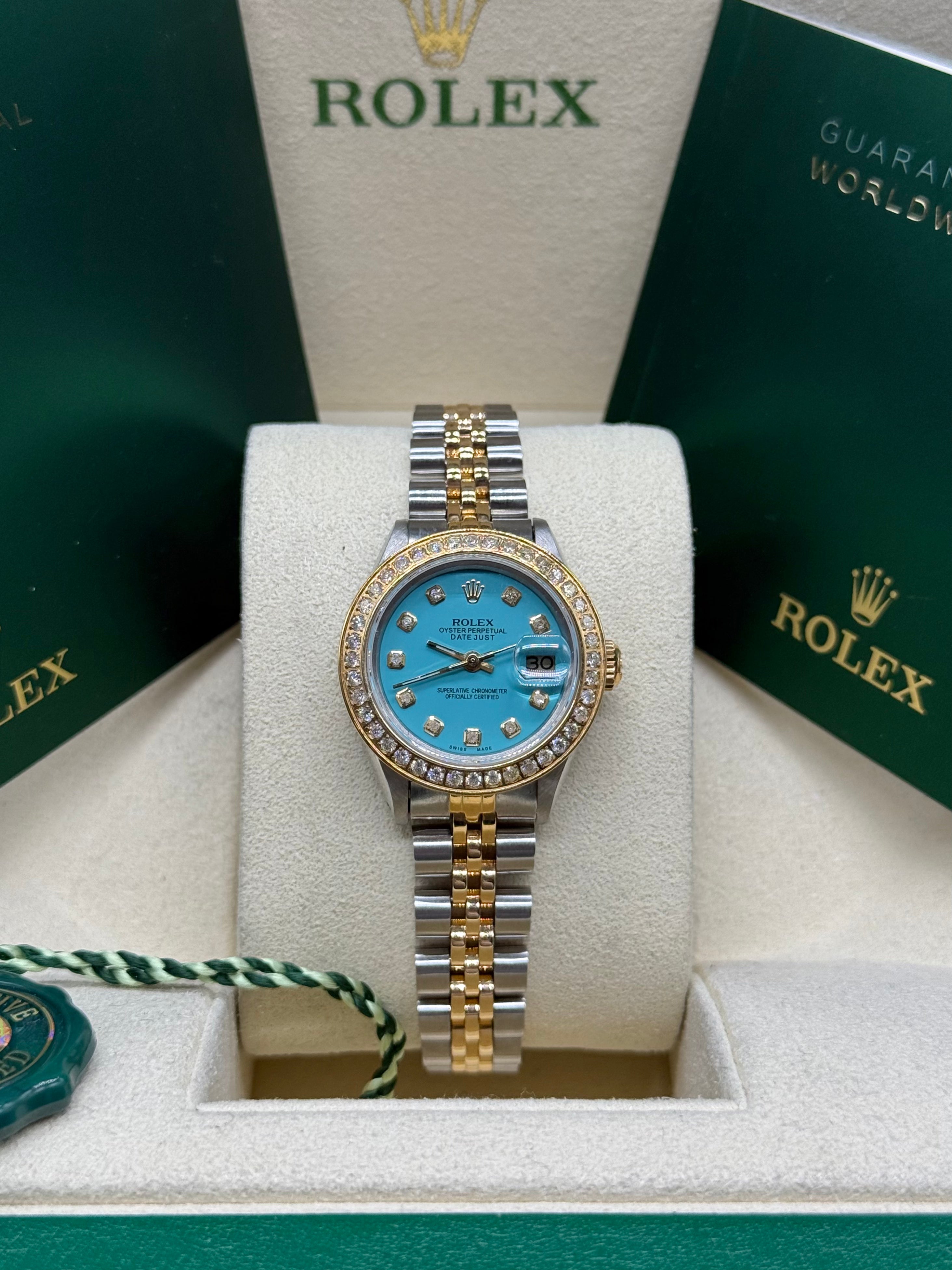 Rolex Lady-Datejust 26mm Two-Tone Steel & 18K Gold Turquoise Diamond Dial Diamond Bezel Jubilee Bracelet