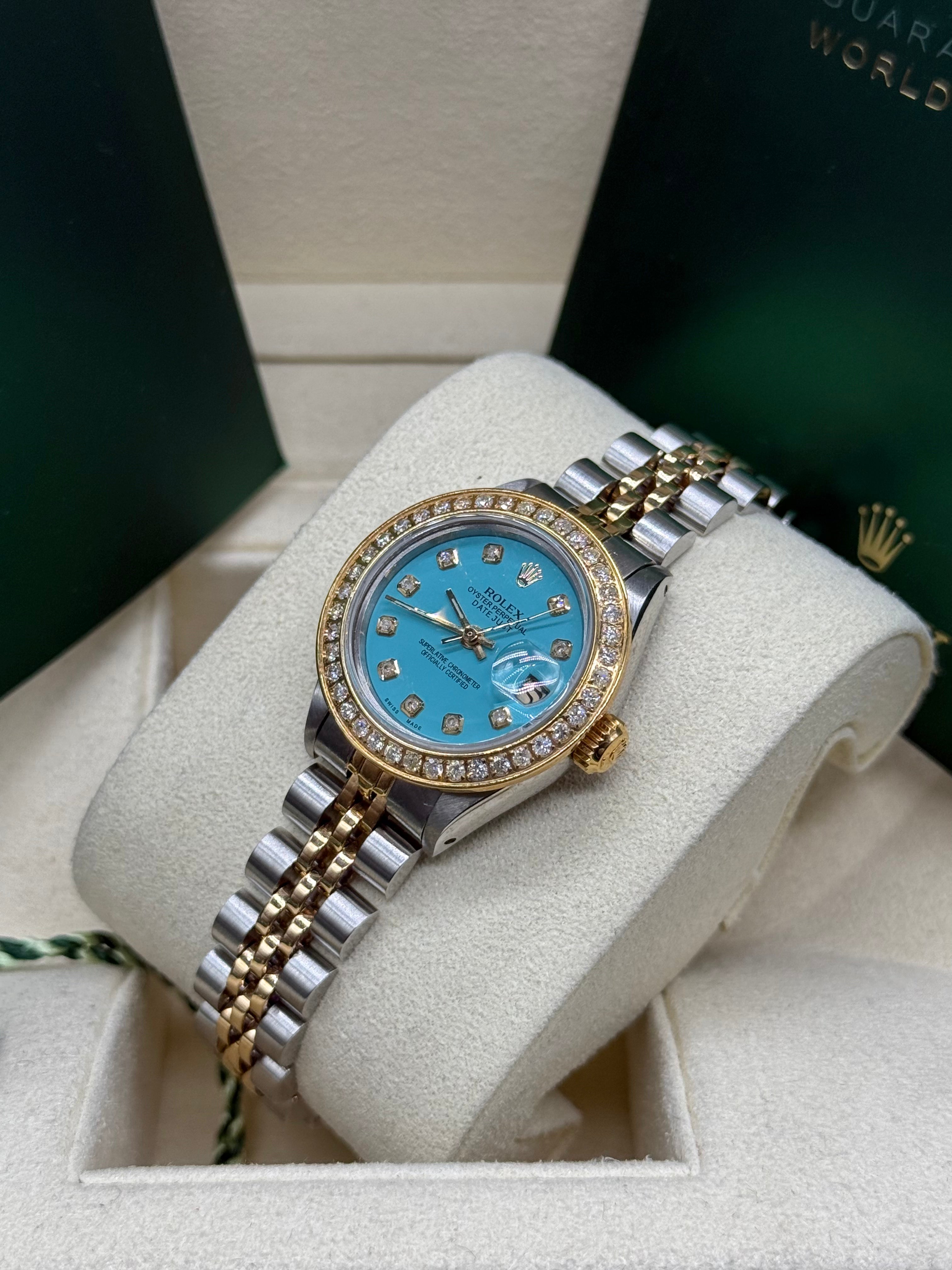 Rolex Lady-Datejust 26mm Two-Tone Steel & 18K Gold Turquoise Diamond Dial Diamond Bezel Jubilee Bracelet