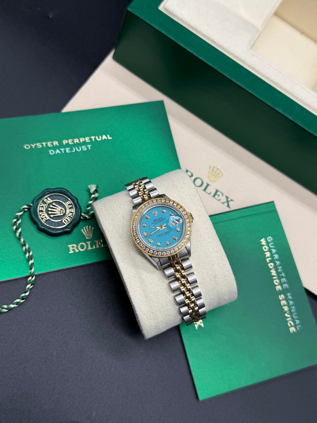 Rolex Lady-Datejust 26mm Two-Tone Steel & 18K Gold Turquoise Diamond Dial Diamond Bezel Jubilee Bracelet