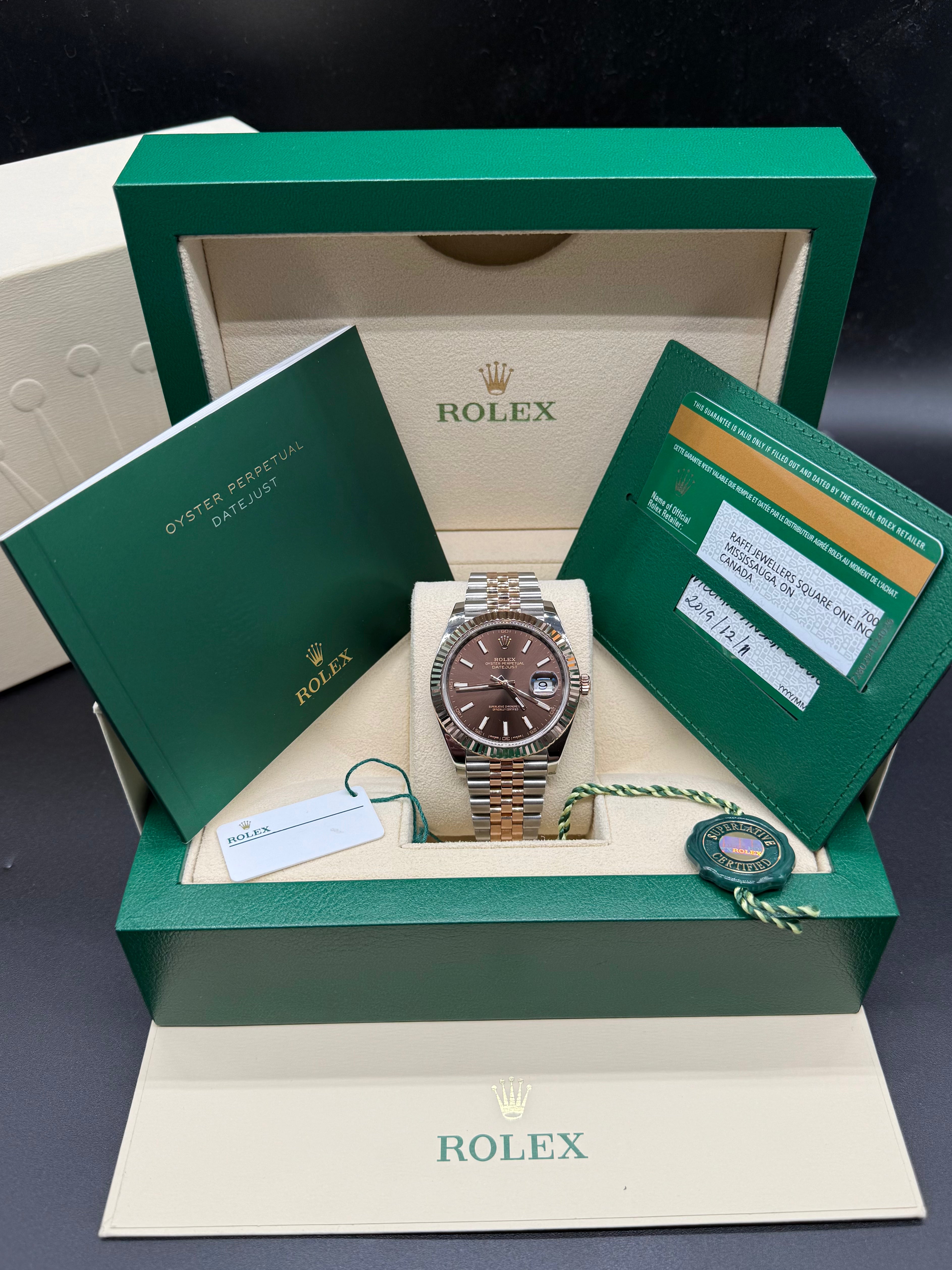 Rolex Datejust 41mm Two-Tone Stainless Steel & 18K Everose Gold Chocolate Dial Fluted Bezel Jubilee Bracelet