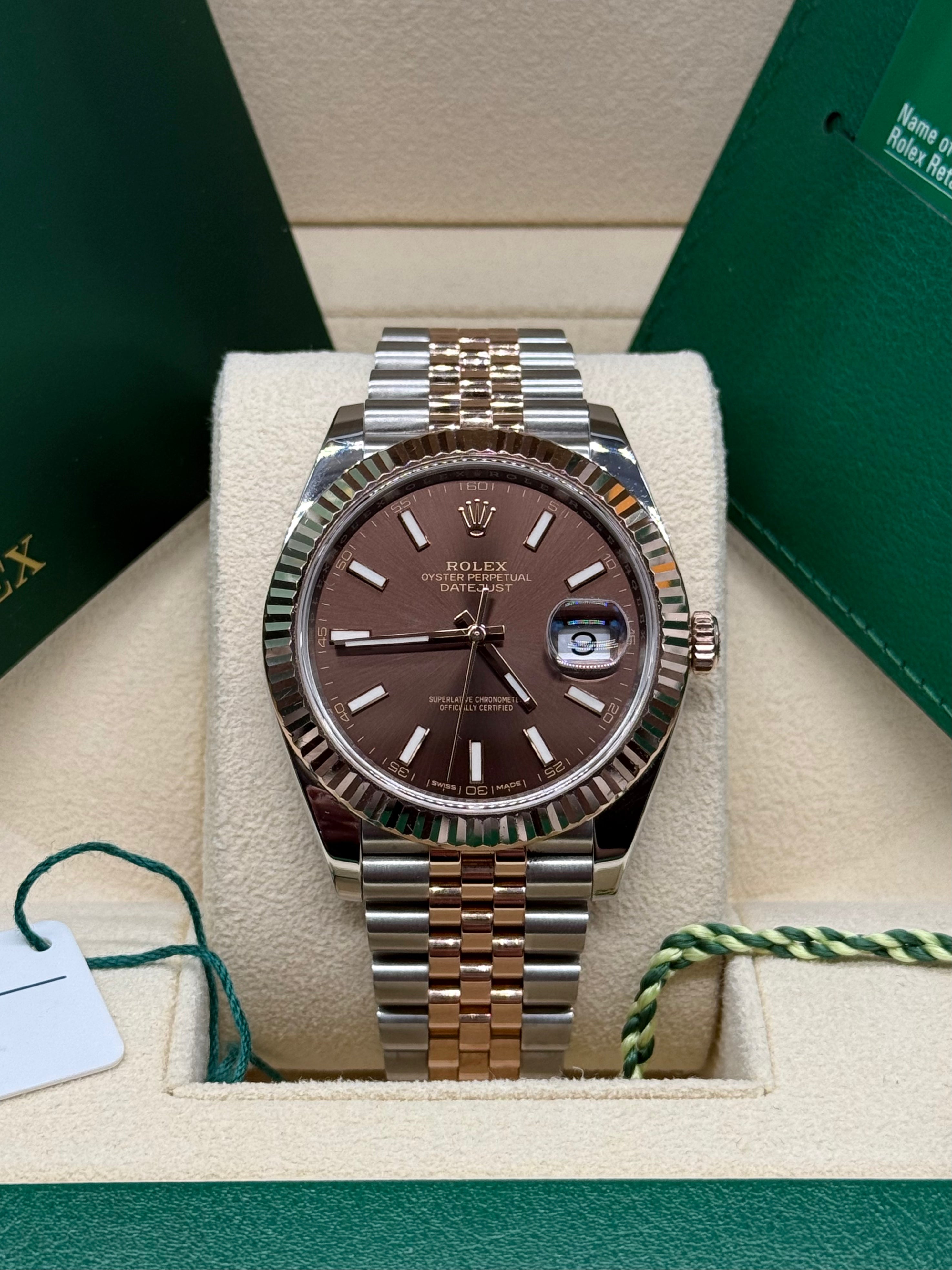 Rolex Datejust 41mm Two-Tone Stainless Steel & 18K Everose Gold Chocolate Dial Fluted Bezel Jubilee Bracelet