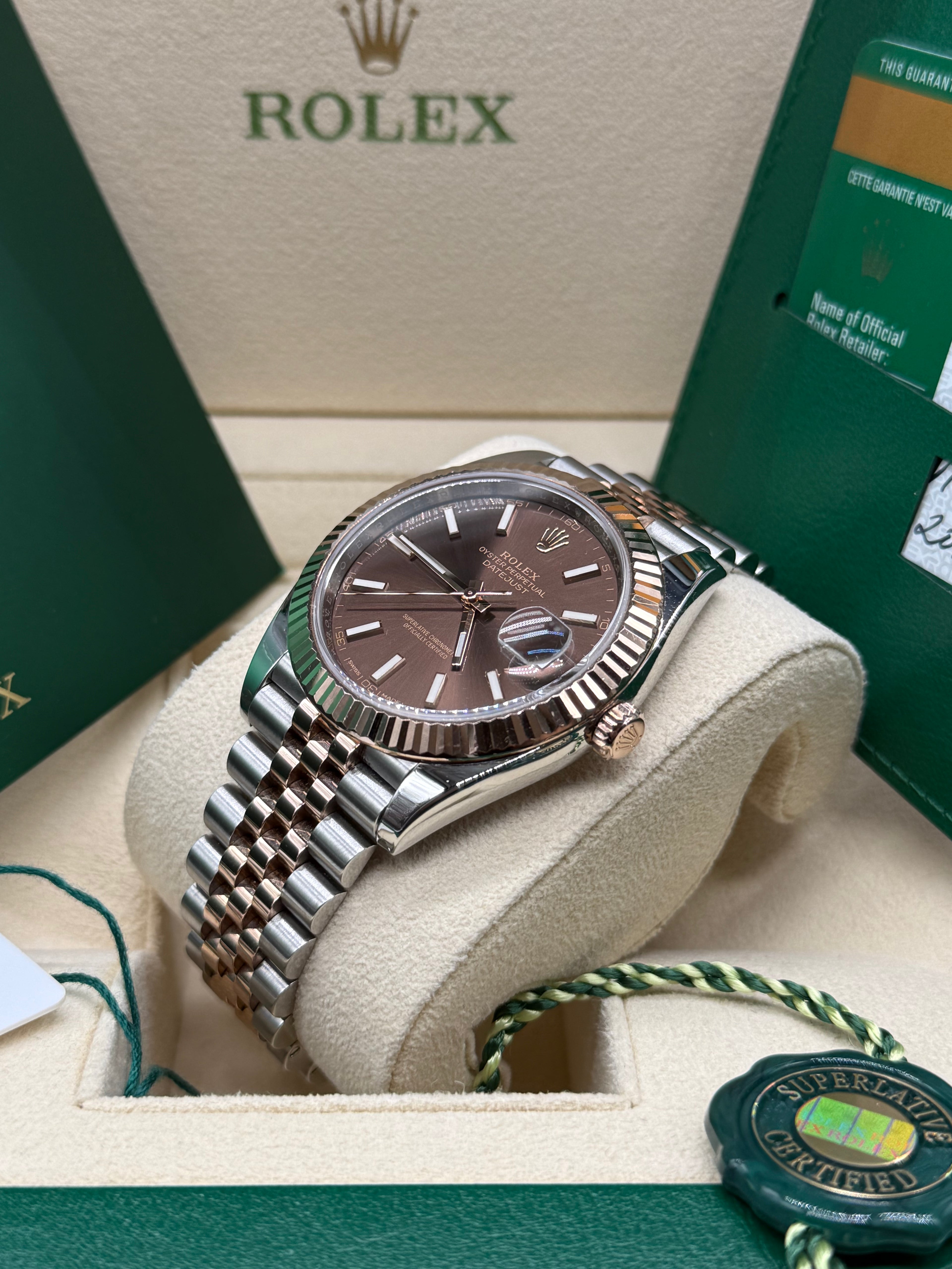 Rolex Datejust 41mm Two-Tone Stainless Steel & 18K Everose Gold Chocolate Dial Fluted Bezel Jubilee Bracelet