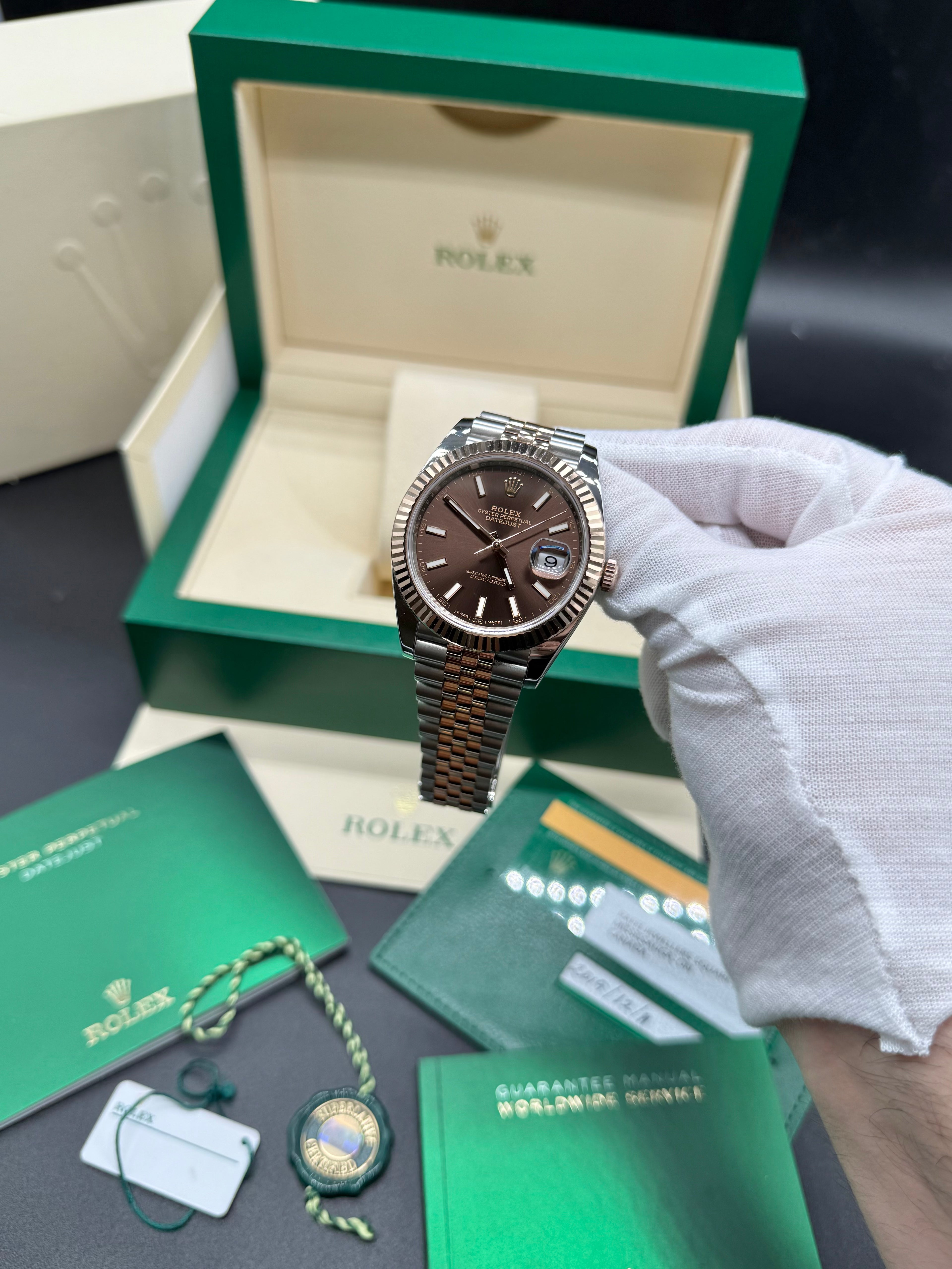 Rolex Datejust 41mm Two-Tone Stainless Steel & 18K Everose Gold Chocolate Dial Fluted Bezel Jubilee Bracelet