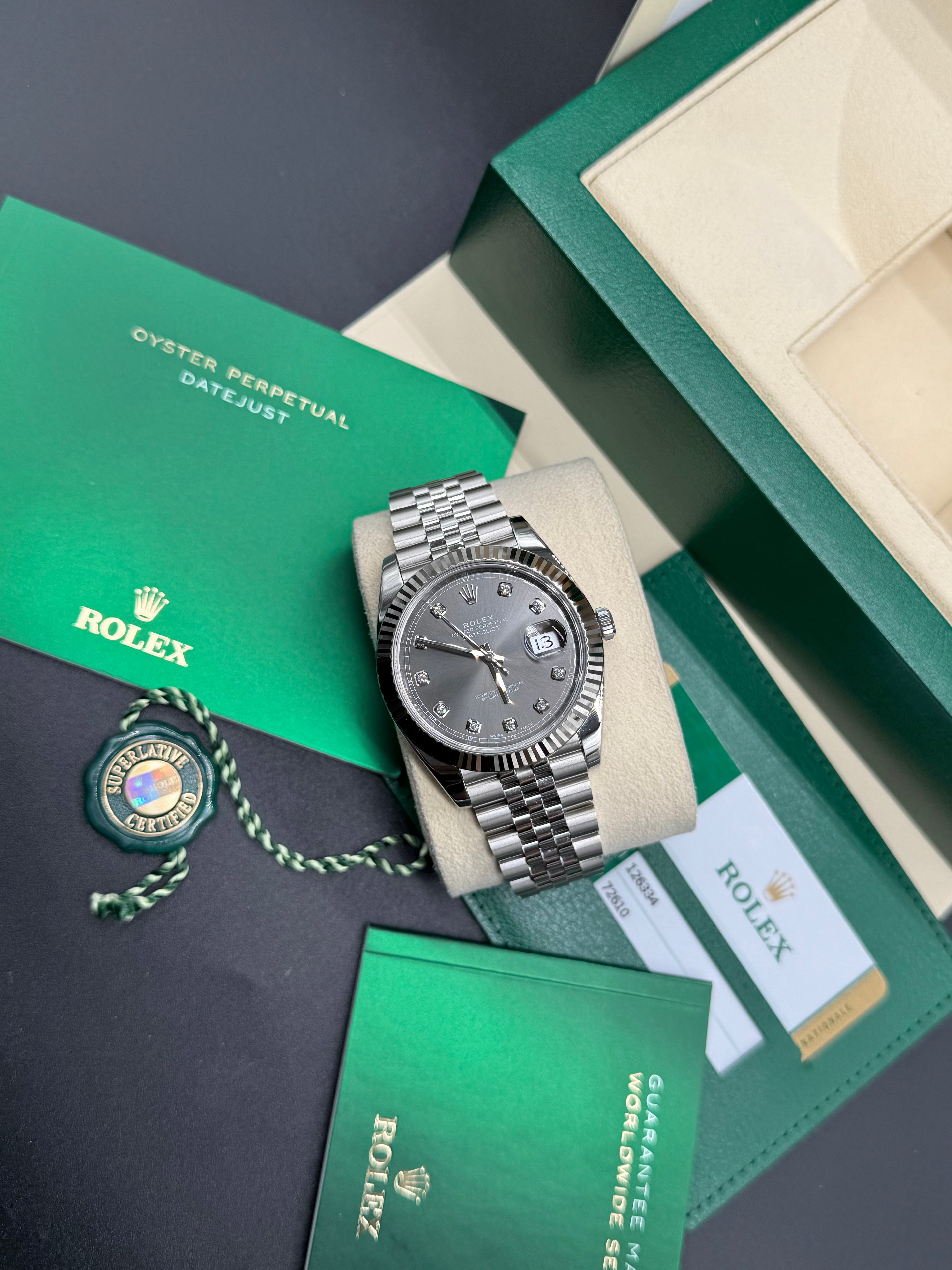 Rolex Datejust 41mm Stainless Steel Rhodium Slate Diamond Dial Fluted Bezel Jubilee Bracelet
