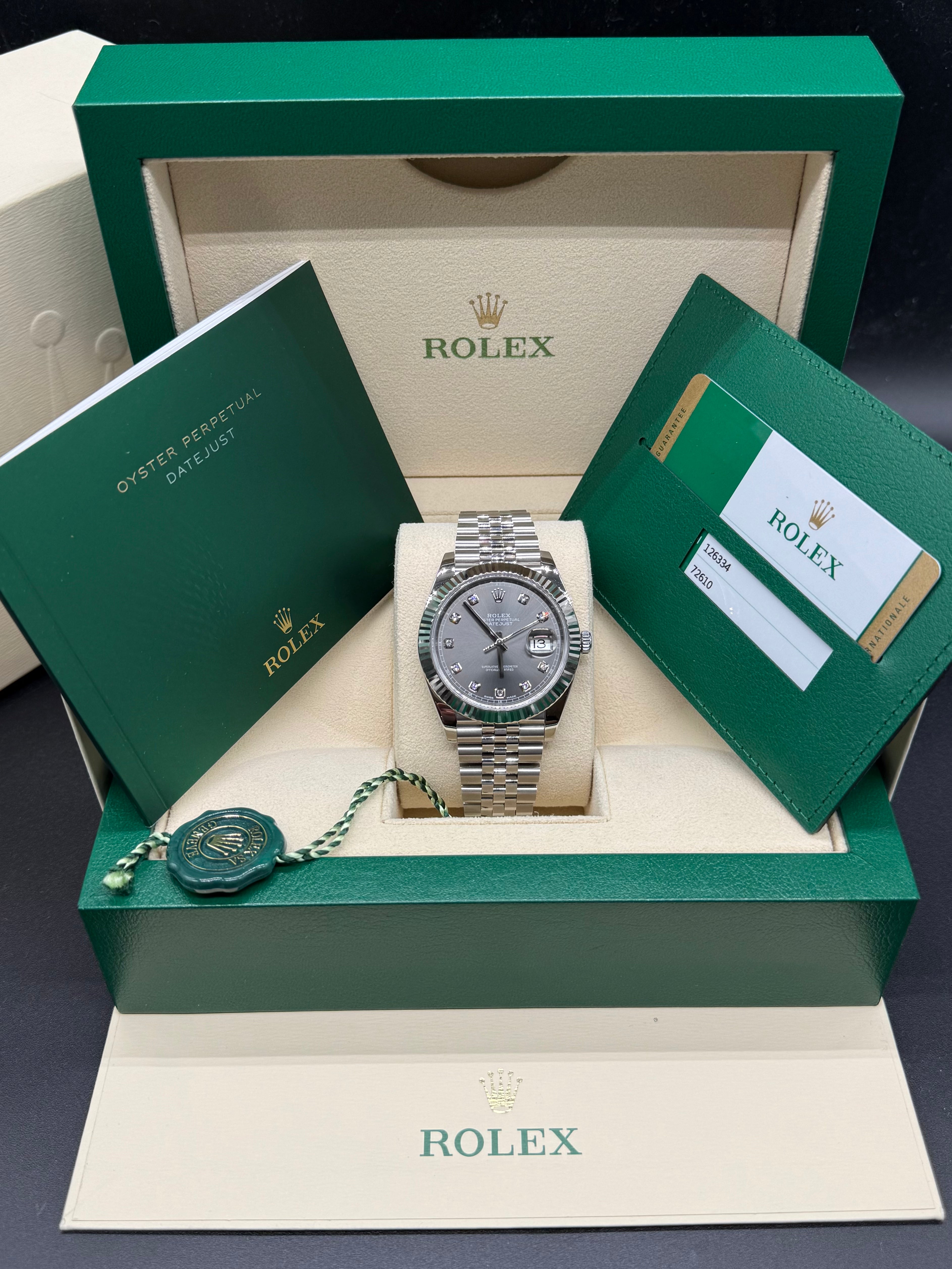 Rolex Datejust 41mm Stainless Steel Rhodium Slate Diamond Dial Fluted Bezel Jubilee Bracelet