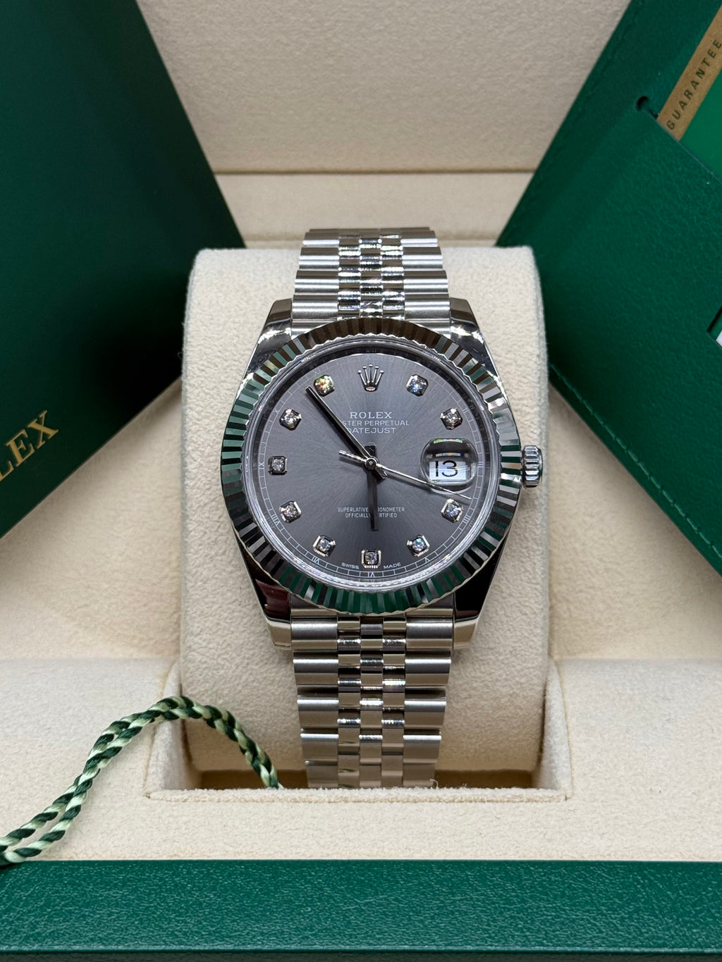 Rolex Datejust 41mm Stainless Steel Rhodium Slate Diamond Dial Fluted Bezel Jubilee Bracelet