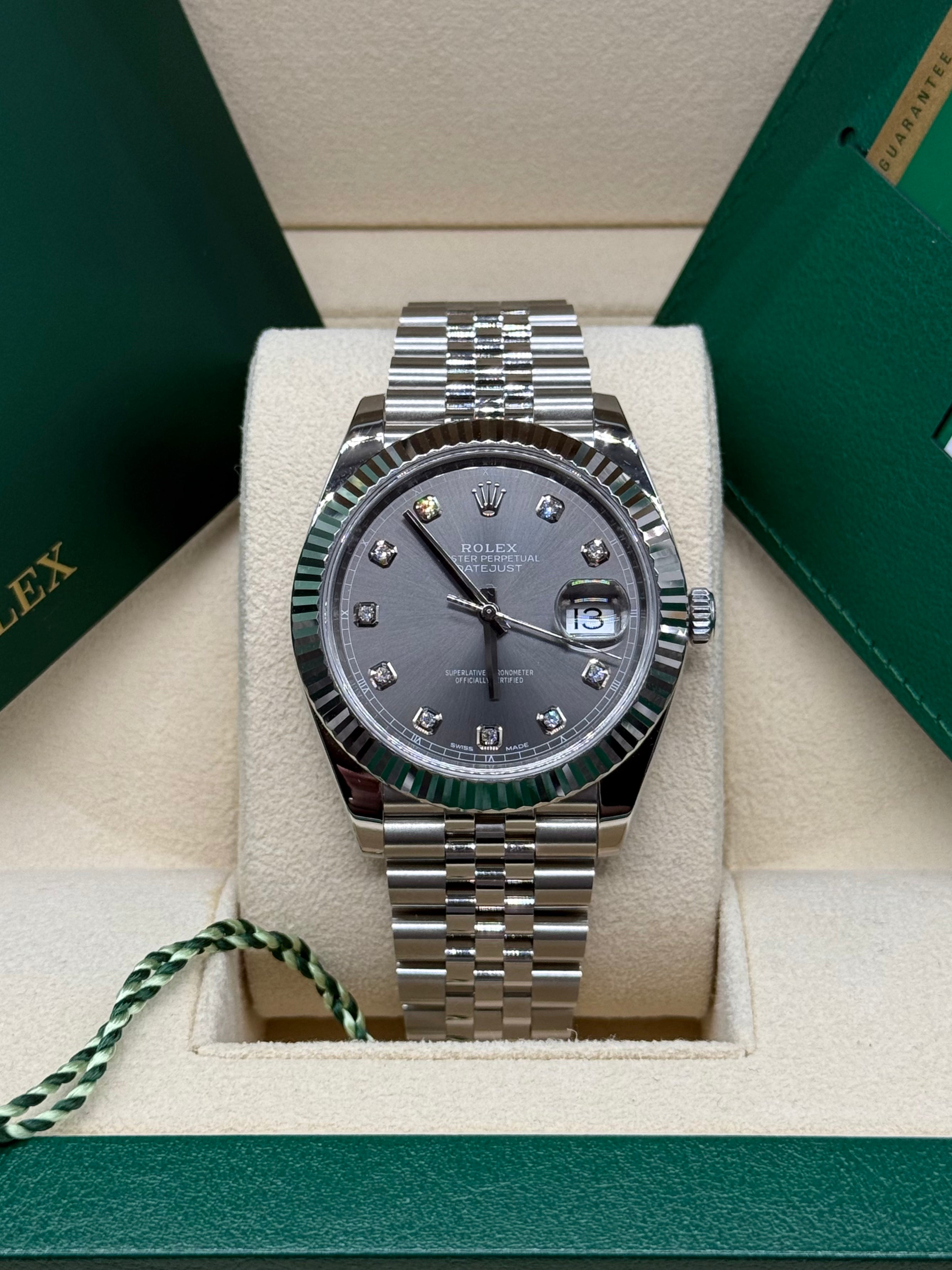 Rolex Datejust 41mm Stainless Steel Rhodium Slate Diamond Dial Fluted Bezel Jubilee Bracelet