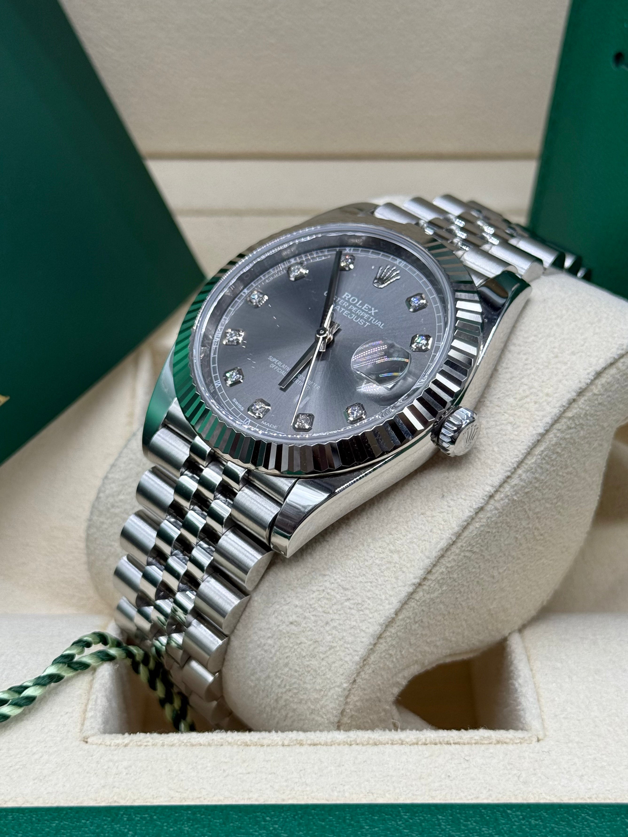 Rolex Datejust 41mm Stainless Steel Rhodium Slate Diamond Dial Fluted Bezel Jubilee Bracelet