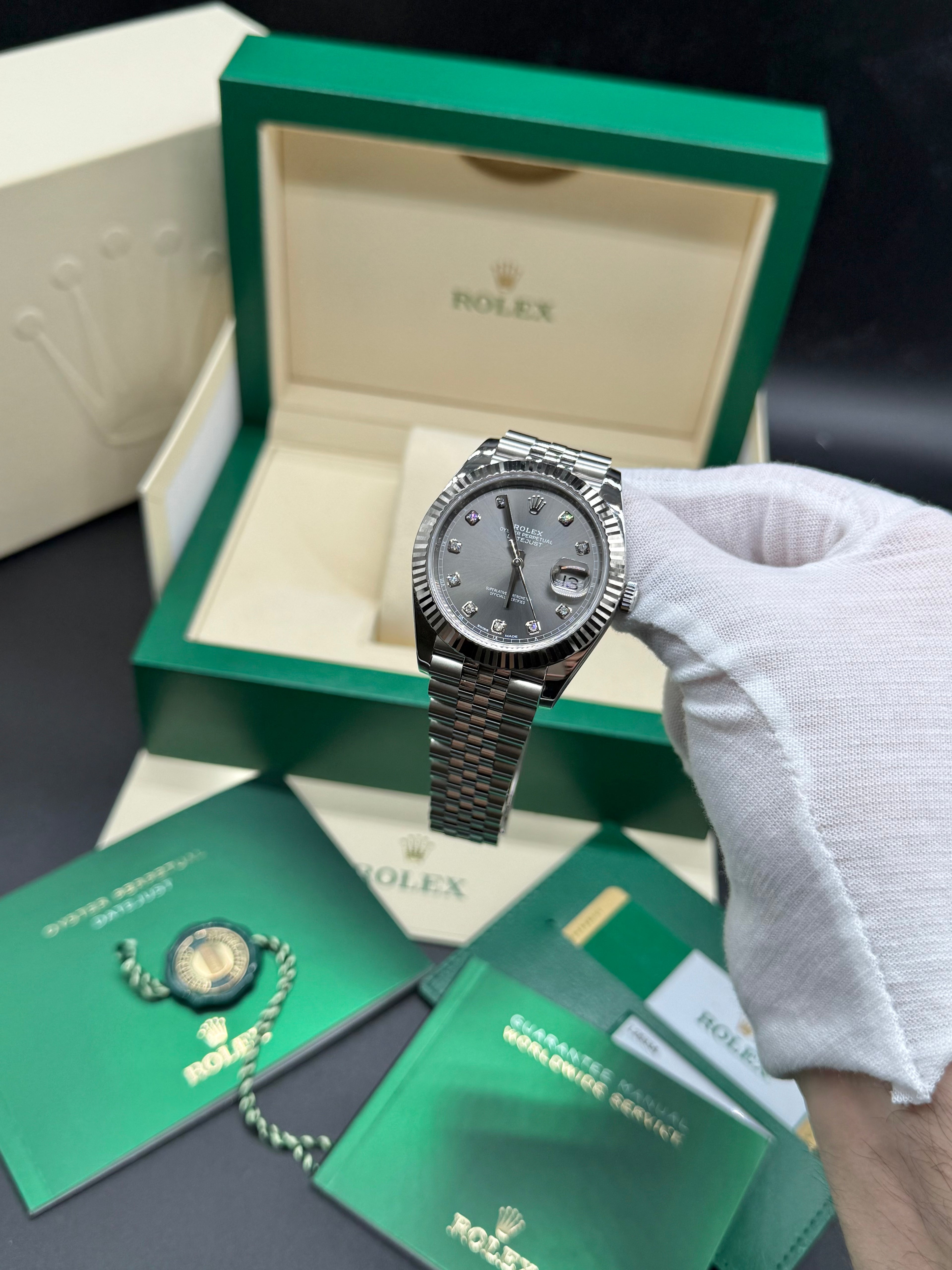 Rolex Datejust 41mm Stainless Steel Rhodium Slate Diamond Dial Fluted Bezel Jubilee Bracelet