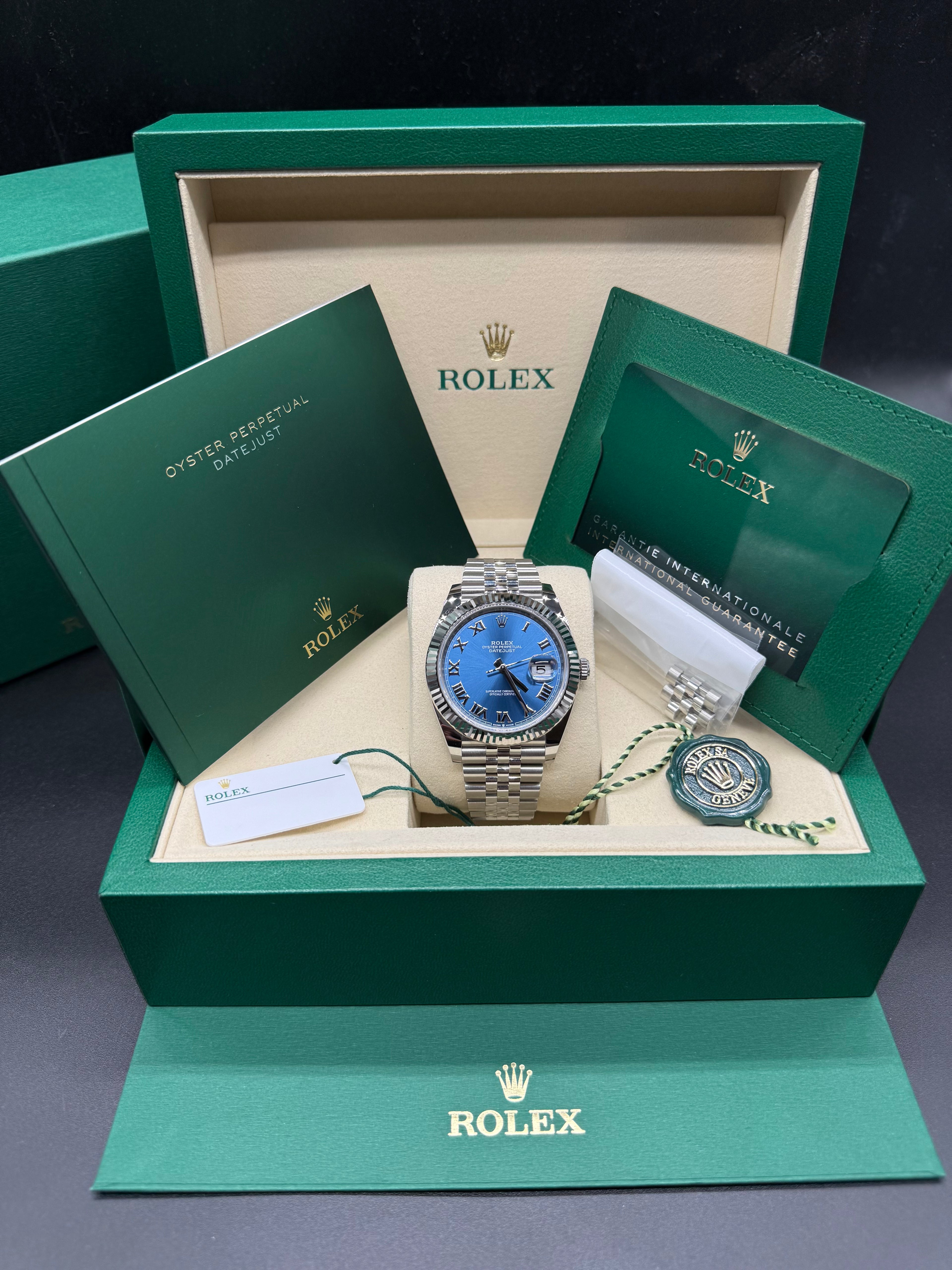Rolex Datejust 41mm Stainless Steel Azzurro Blue Dial Fluted Bezel Jubilee (Discontinued)