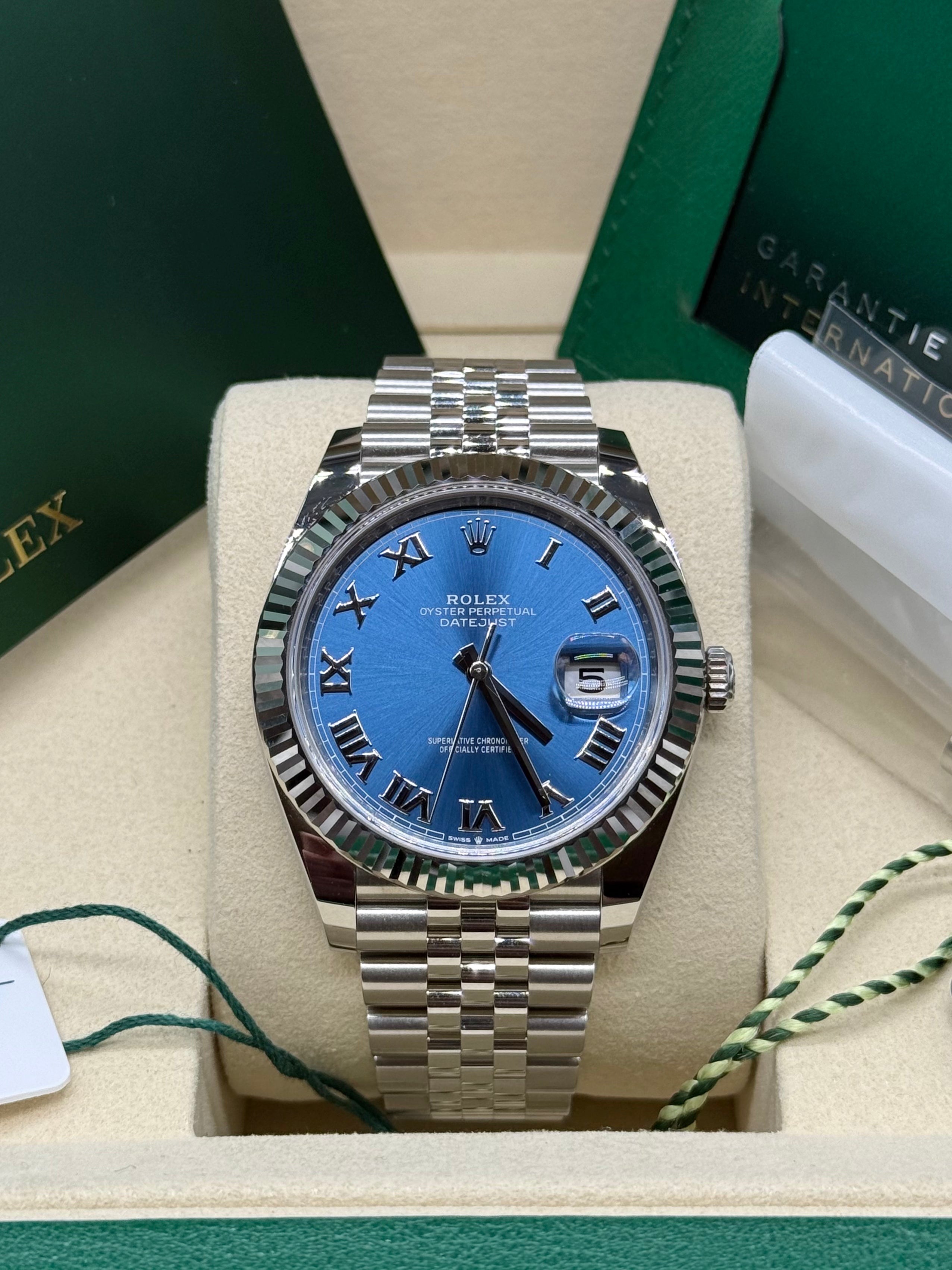 Rolex Datejust 41mm Stainless Steel Azzurro Blue Dial Fluted Bezel Jubilee (Discontinued)