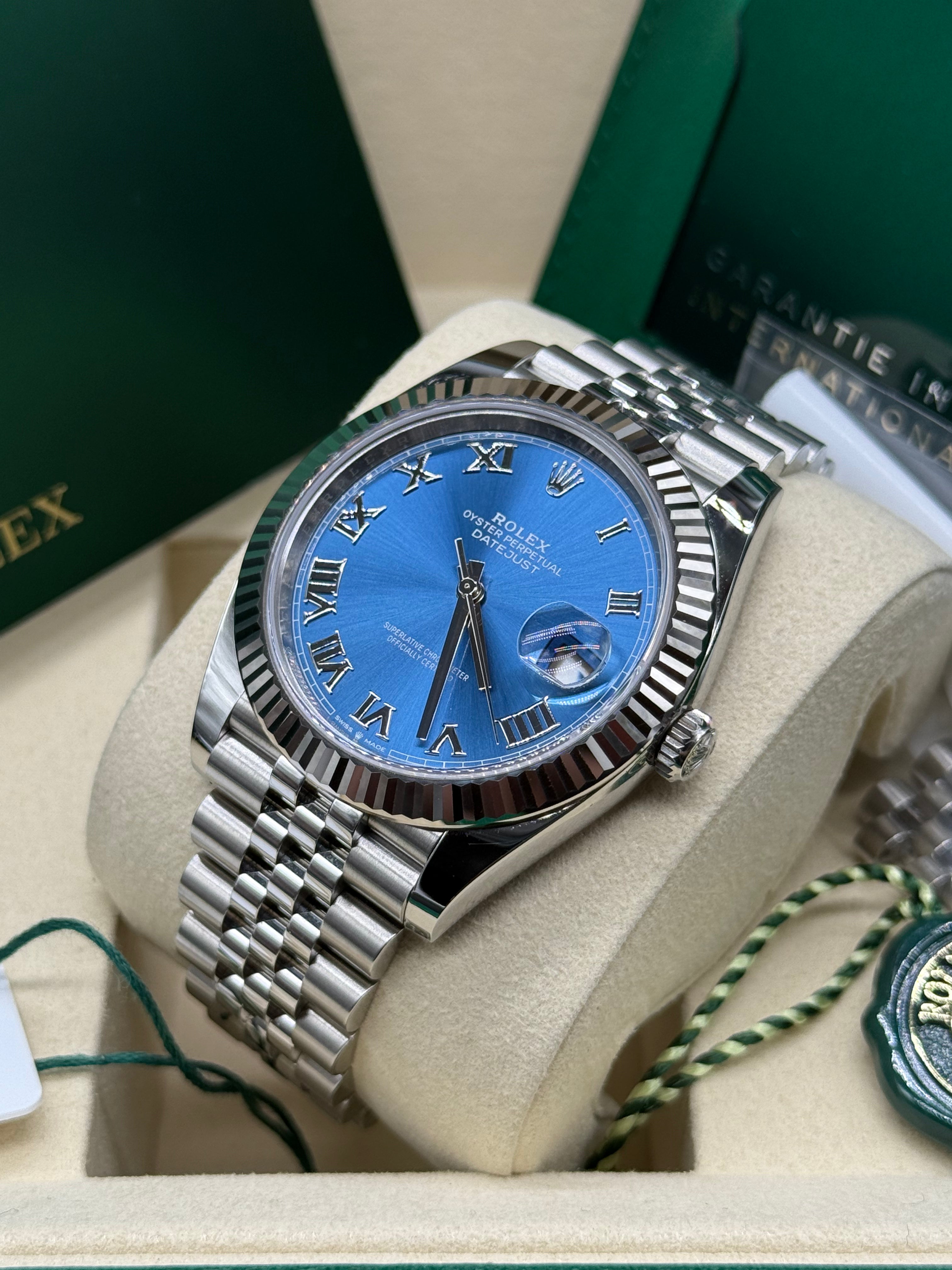 Rolex Datejust 41mm Stainless Steel Azzurro Blue Dial Fluted Bezel Jubilee (Discontinued)