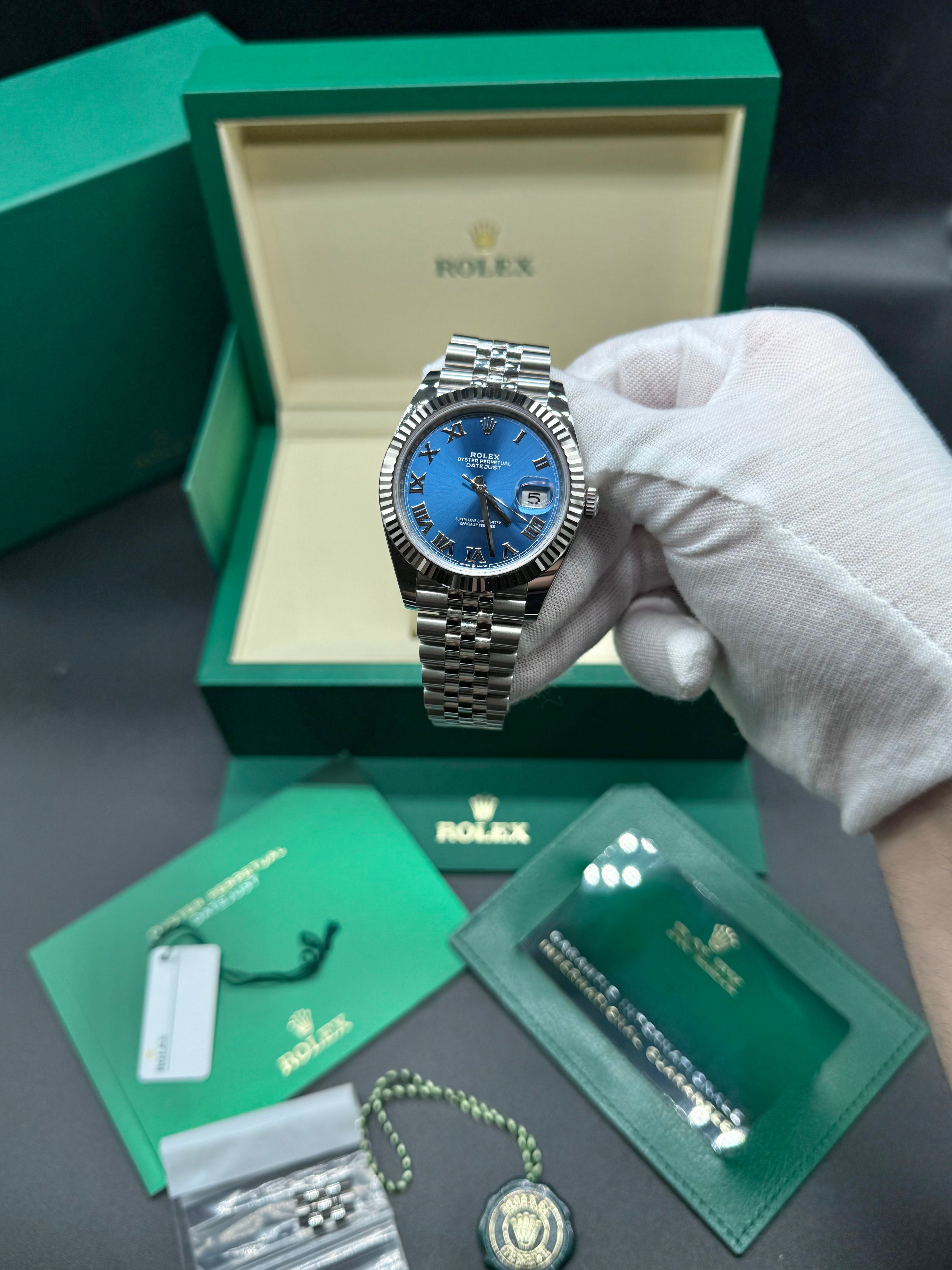 Rolex Datejust 41mm Stainless Steel Azzurro Blue Dial Fluted Bezel Jubilee (Discontinued)