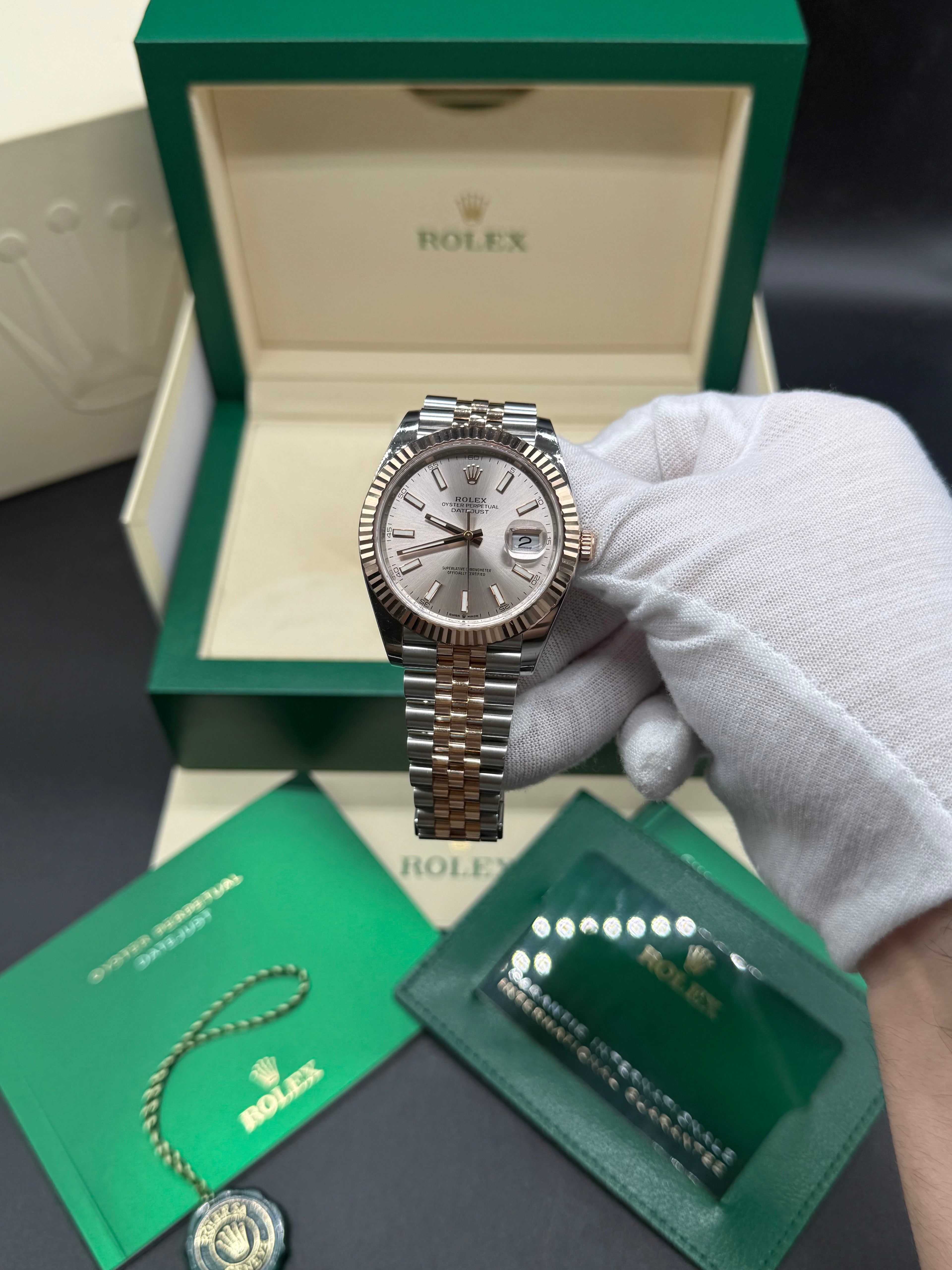 Rolex Datejust 41mm Two-Tone Stainless Steel & 18K Everose Gold Sundust Dial Fluted Bezel Jubilee Bracelet