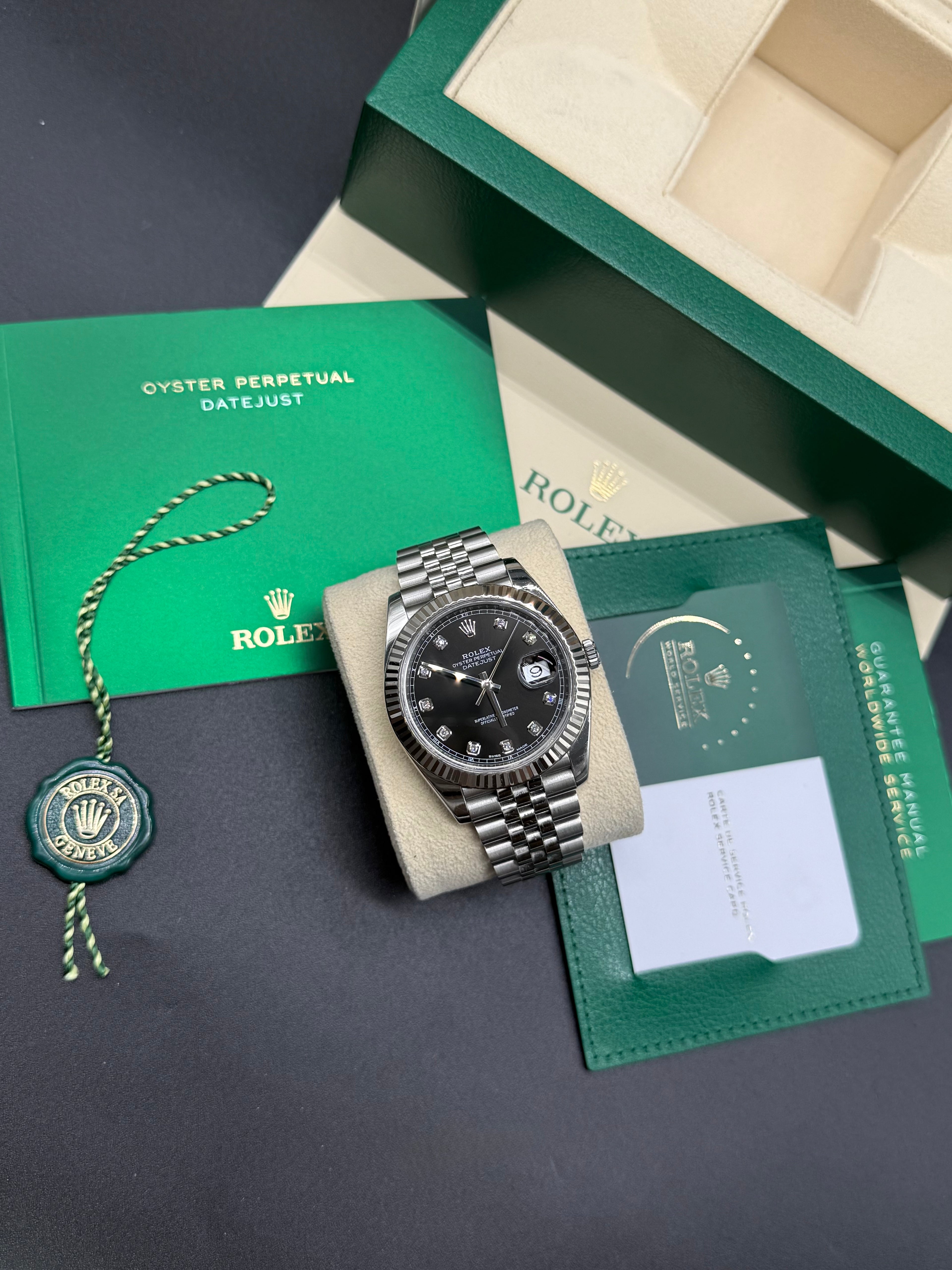 Rolex Datejust 41mm Stainless Steel Black Diamond Dial Fluted Bezel Jubilee Bracelet