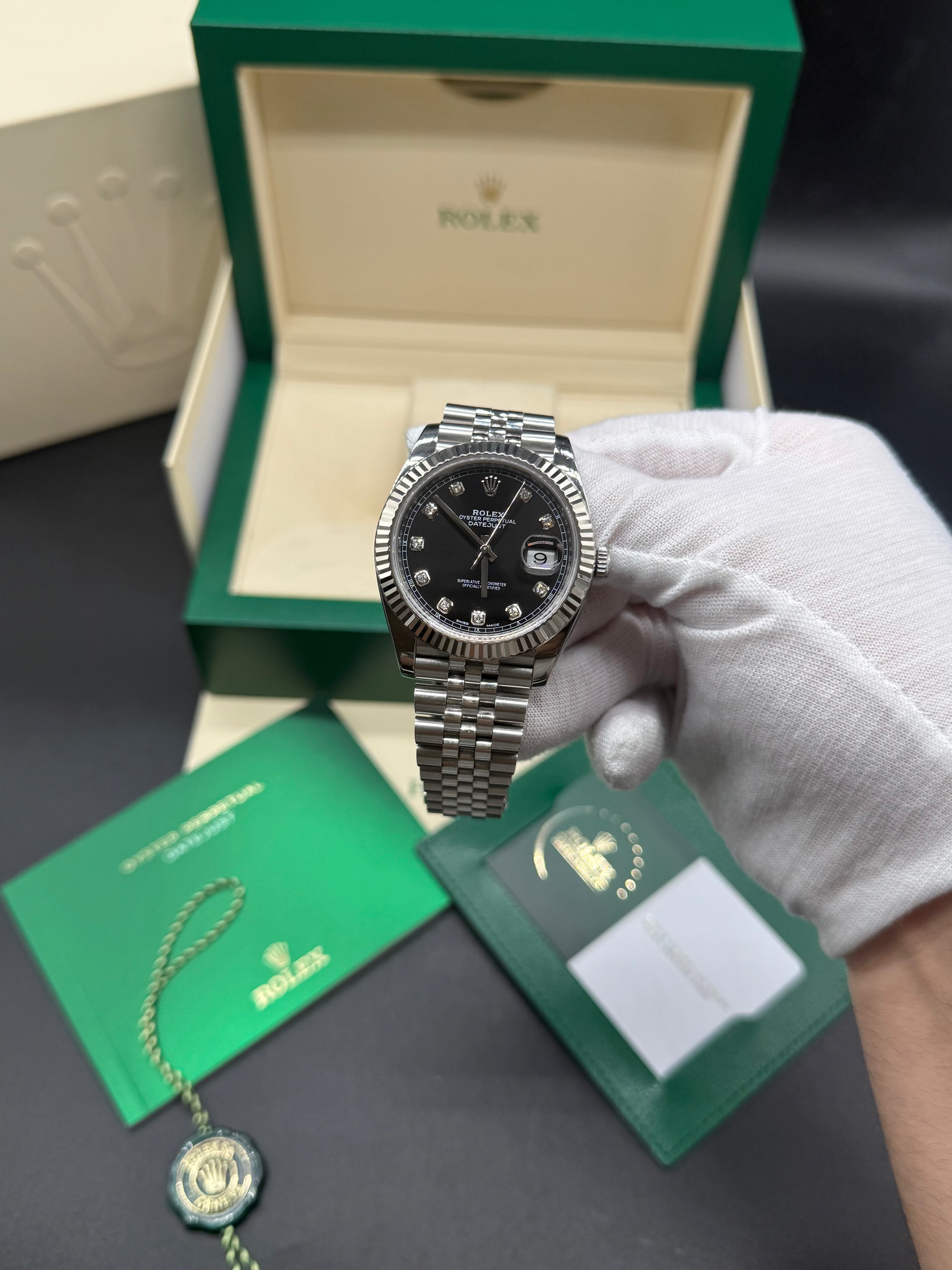 Rolex Datejust 41mm Stainless Steel Black Diamond Dial Fluted Bezel Jubilee Bracelet