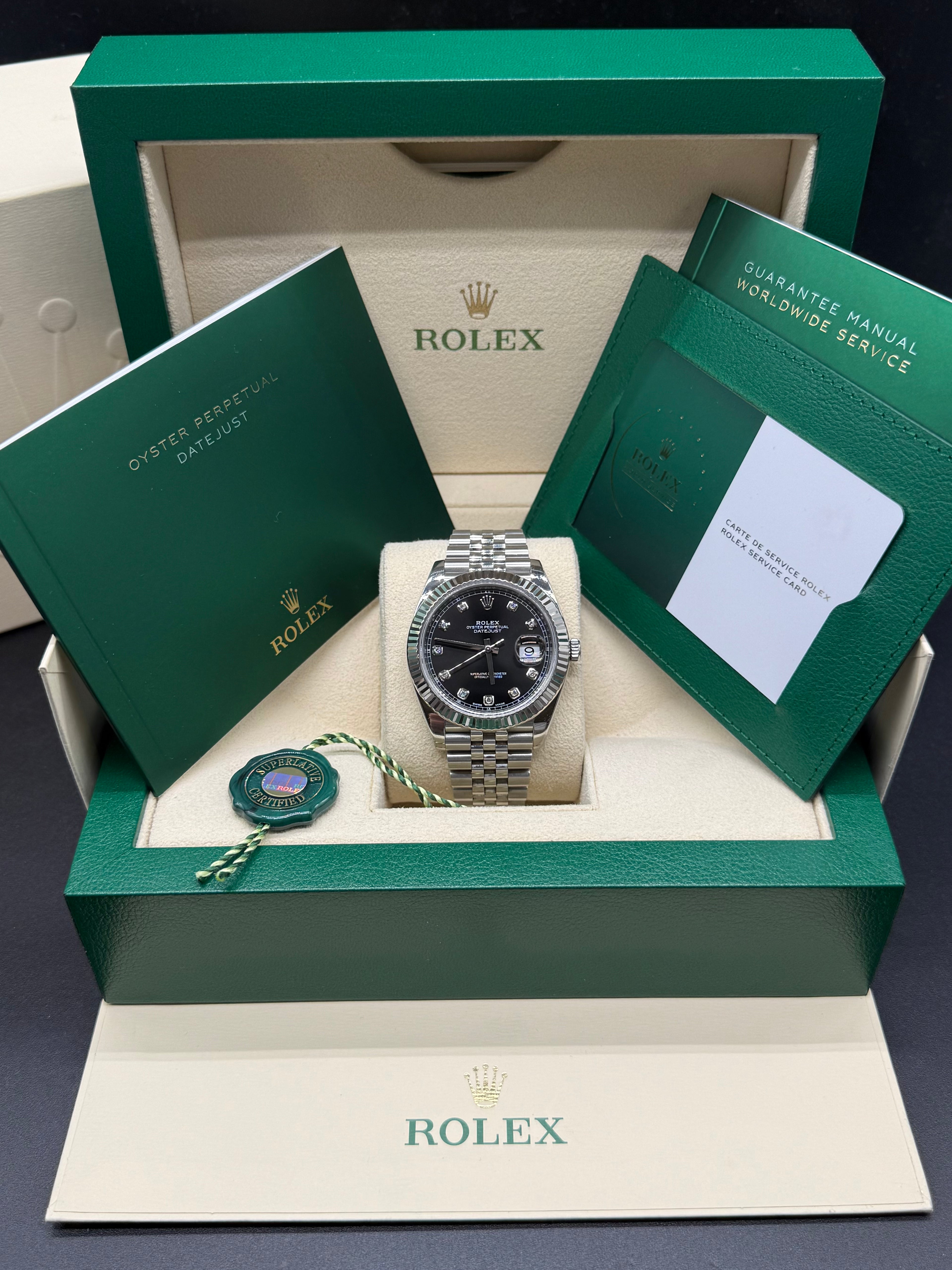 Rolex Datejust 41mm Stainless Steel Black Diamond Dial Fluted Bezel Jubilee Bracelet