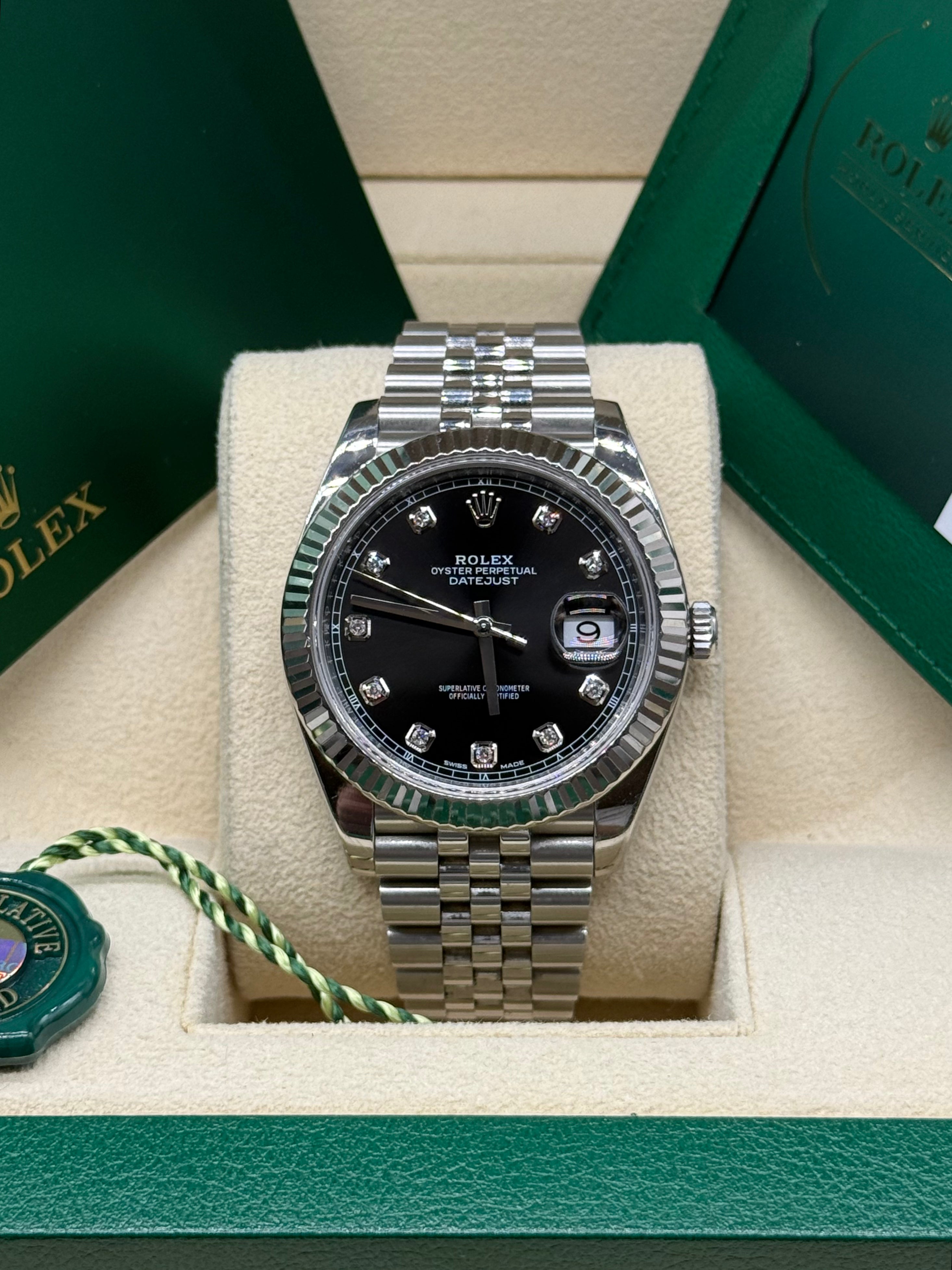 Rolex Datejust 41mm Stainless Steel Black Diamond Dial Fluted Bezel Jubilee Bracelet