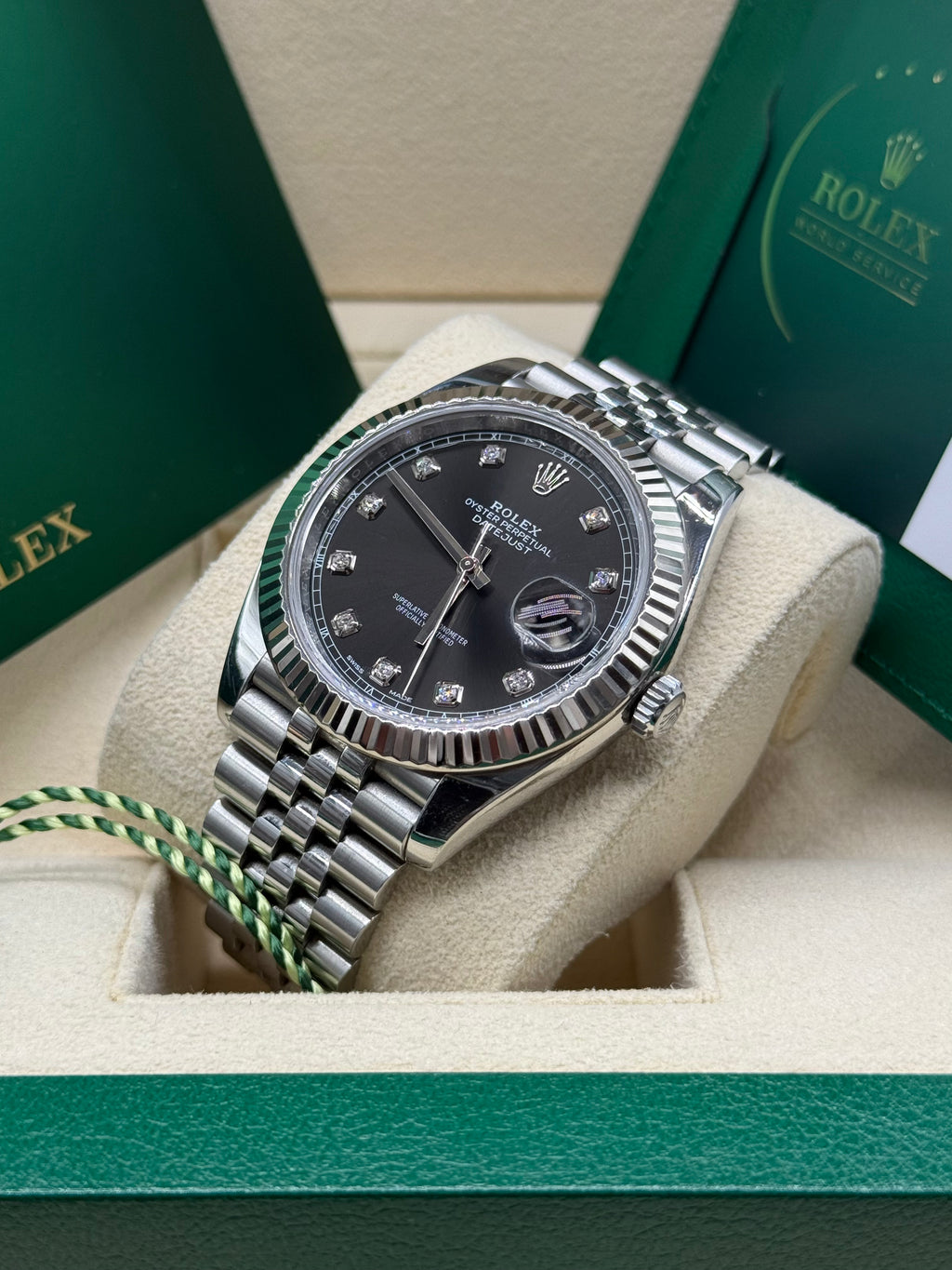 Rolex Datejust 41mm Stainless Steel Black Diamond Dial Fluted Bezel Jubilee Bracelet