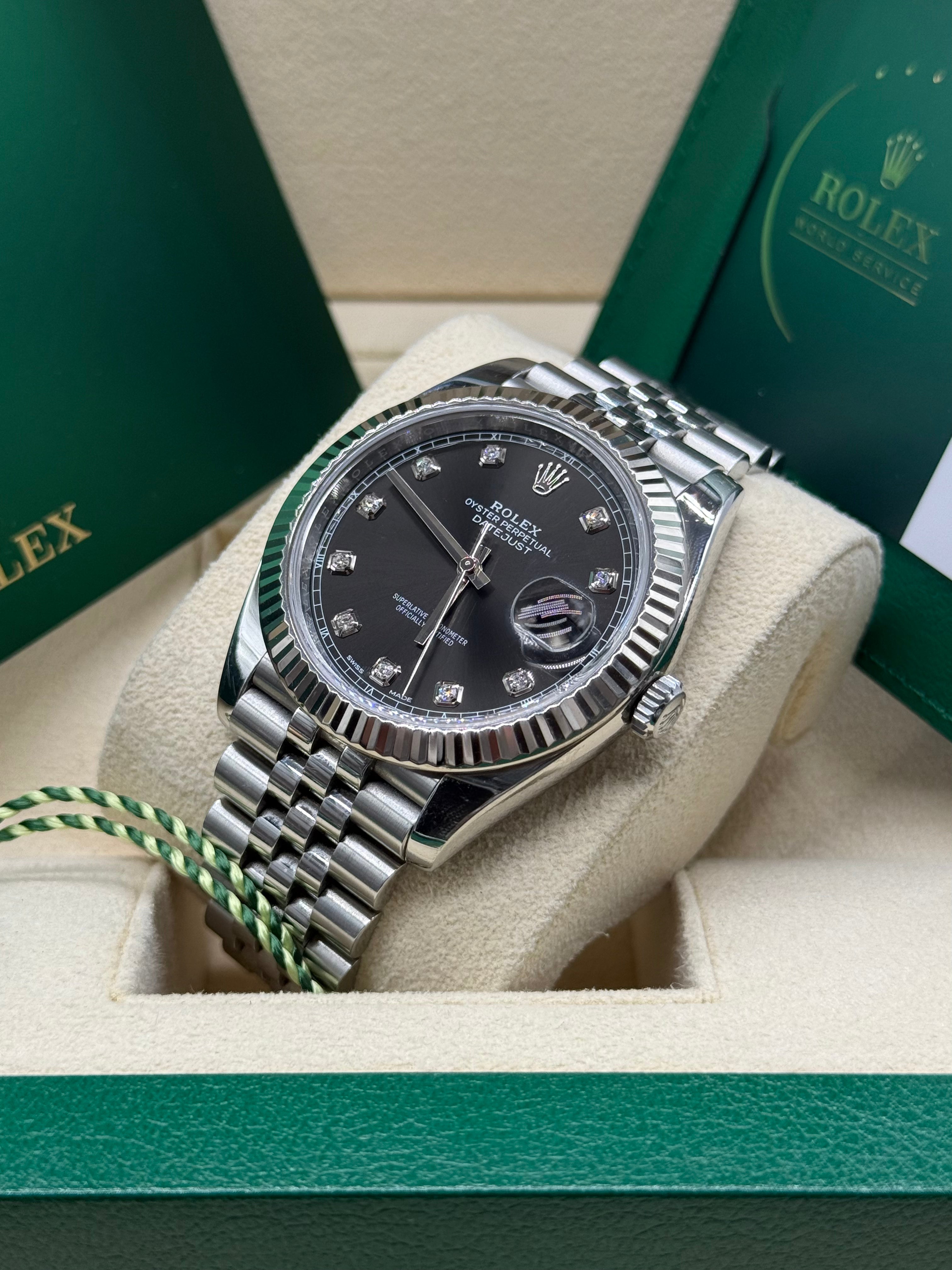 Rolex Datejust 41mm Stainless Steel Black Diamond Dial Fluted Bezel Jubilee Bracelet