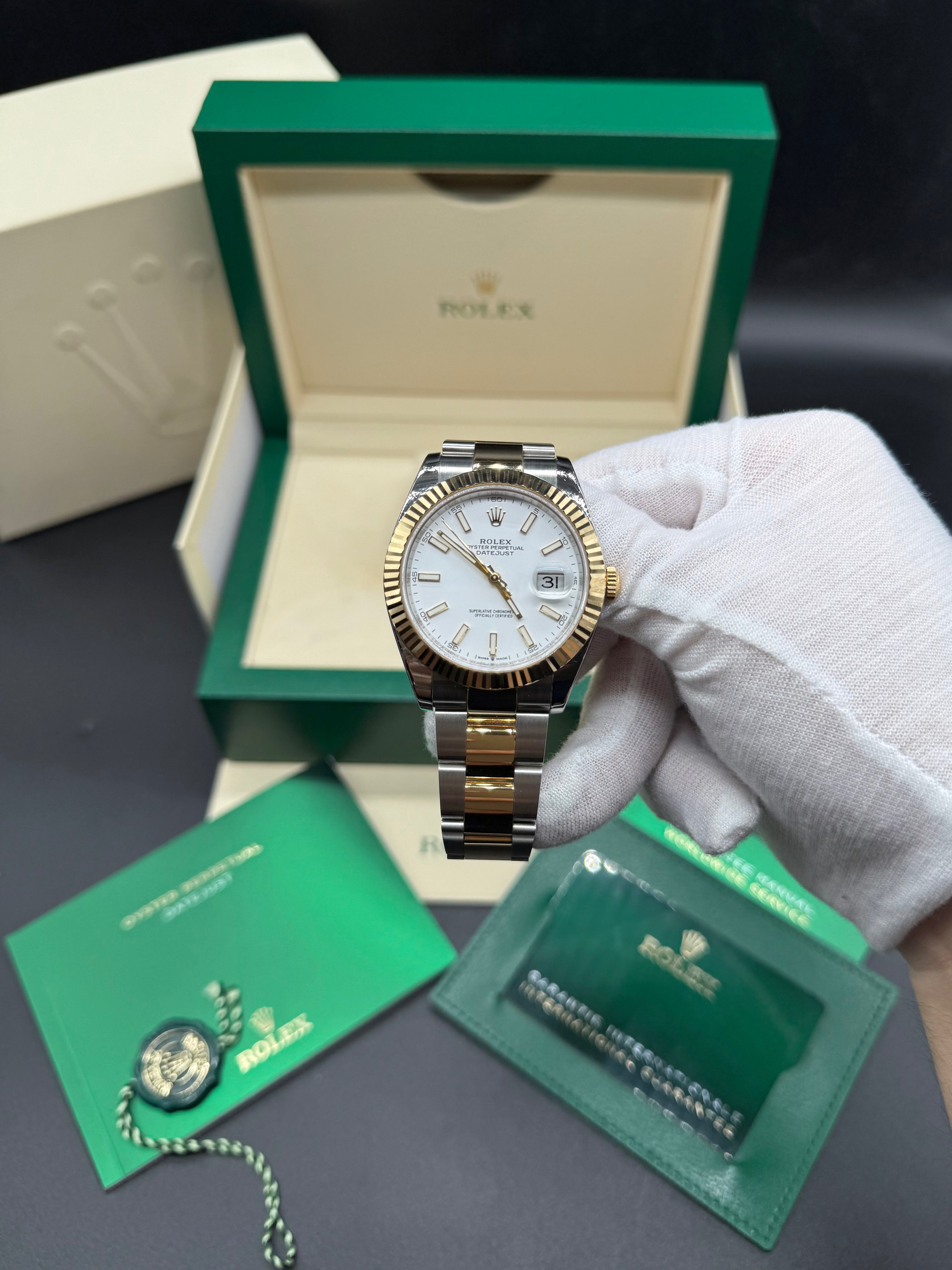 Rolex Datejust 41mm Two-Tone Stainless Steel & 18K Yellow Gold White Dial Fluted Bezel Oyster Bracelet