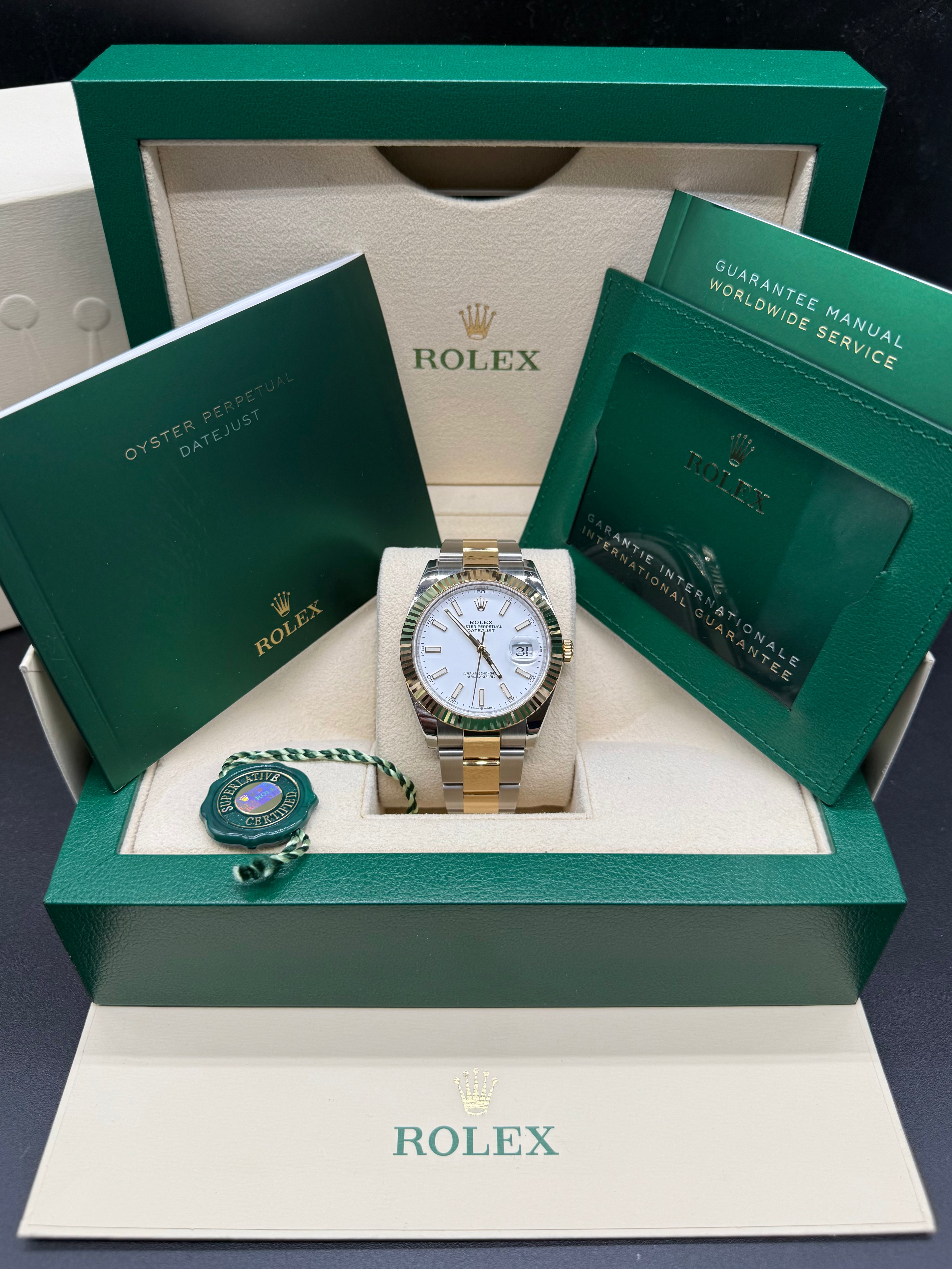 Rolex Datejust 41mm Two-Tone Stainless Steel & 18K Yellow Gold White Dial Fluted Bezel Oyster Bracelet