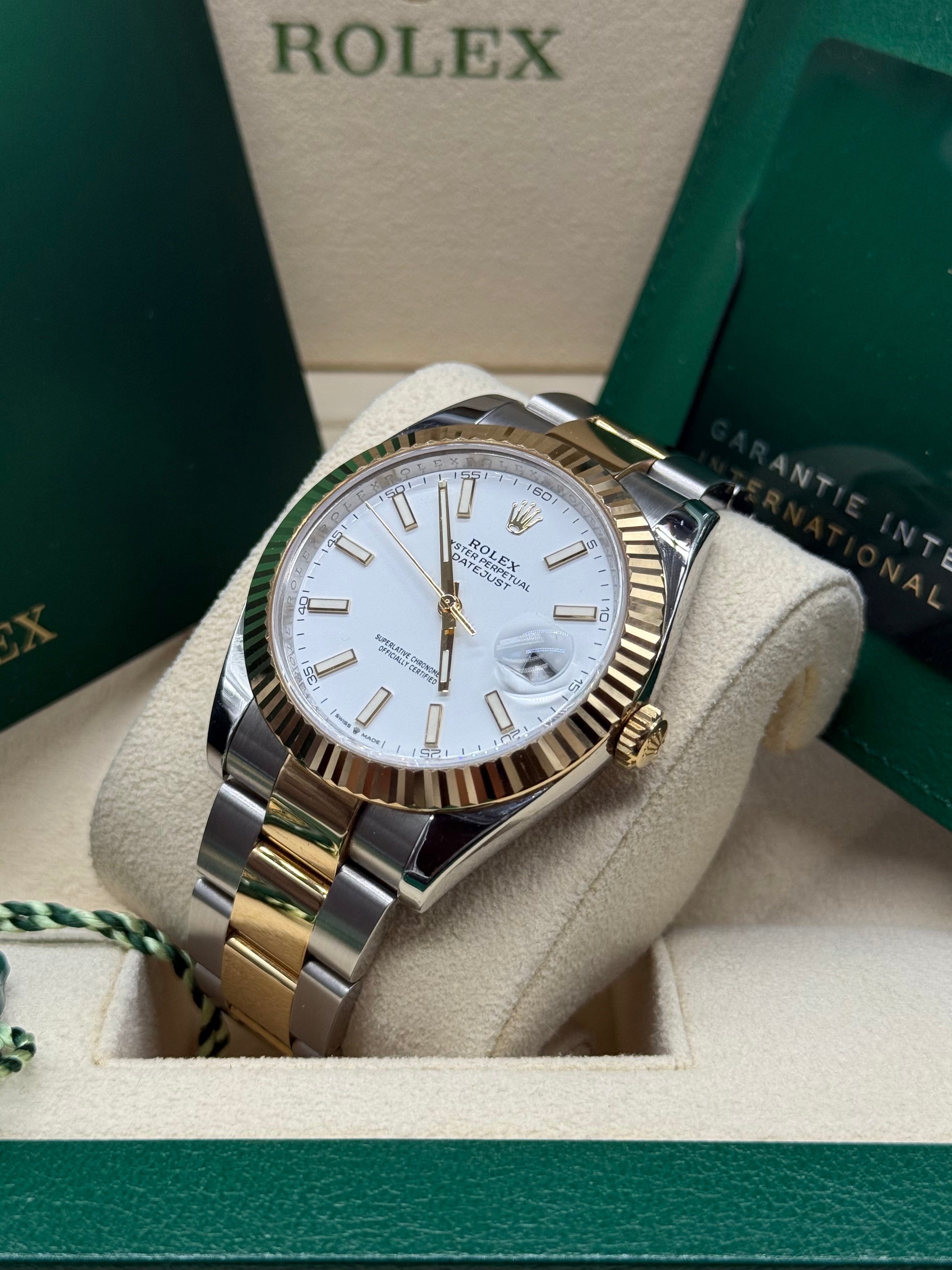 Rolex Datejust 41mm Two-Tone Stainless Steel & 18K Yellow Gold White Dial Fluted Bezel Oyster Bracelet