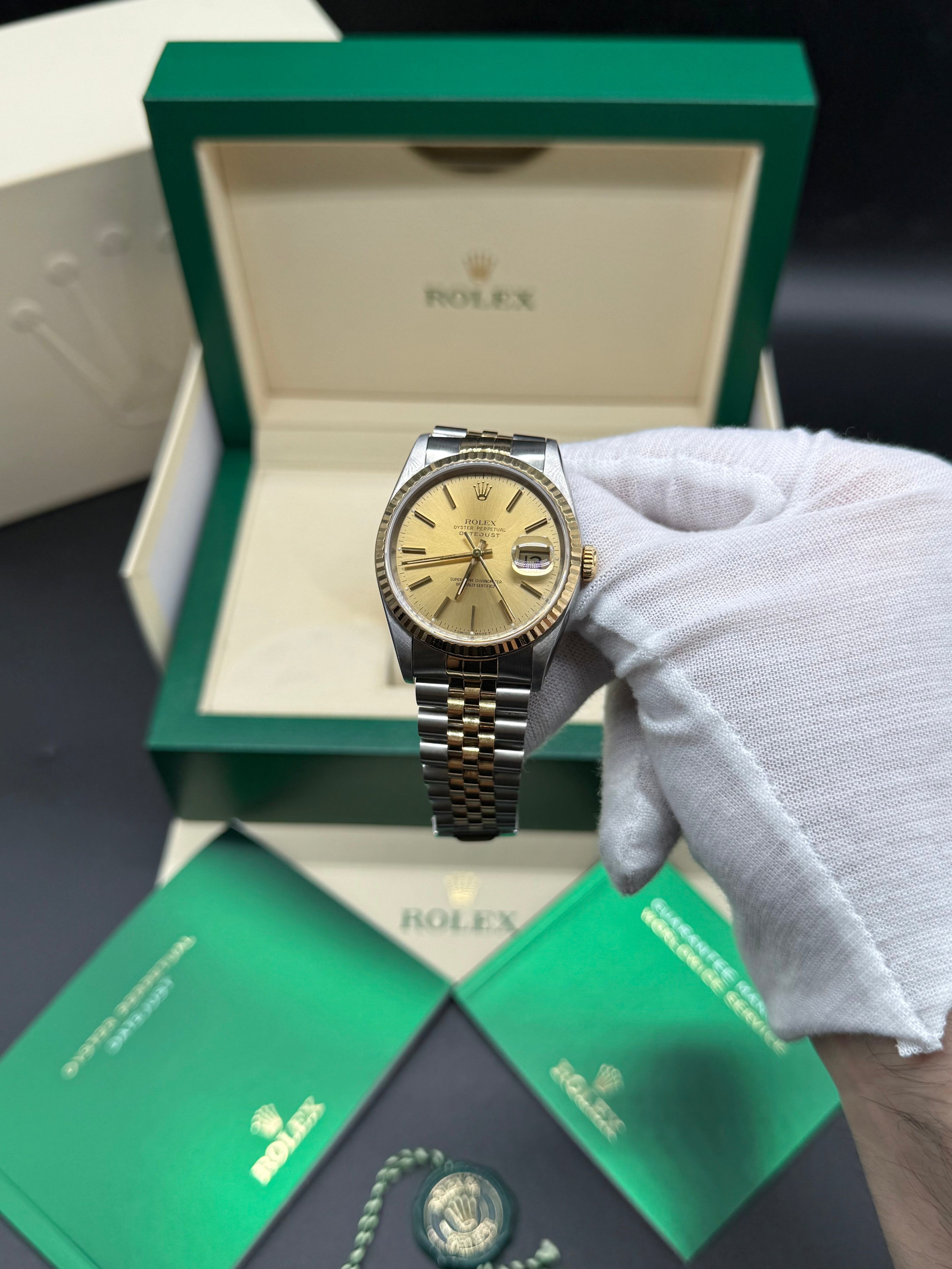 Rolex Datejust 36mm Two-Tone Stainless Steel & 18K Yellow Gold Champagne Dial Stick Hour Markers Fluted Bezel Jubilee Bracelet