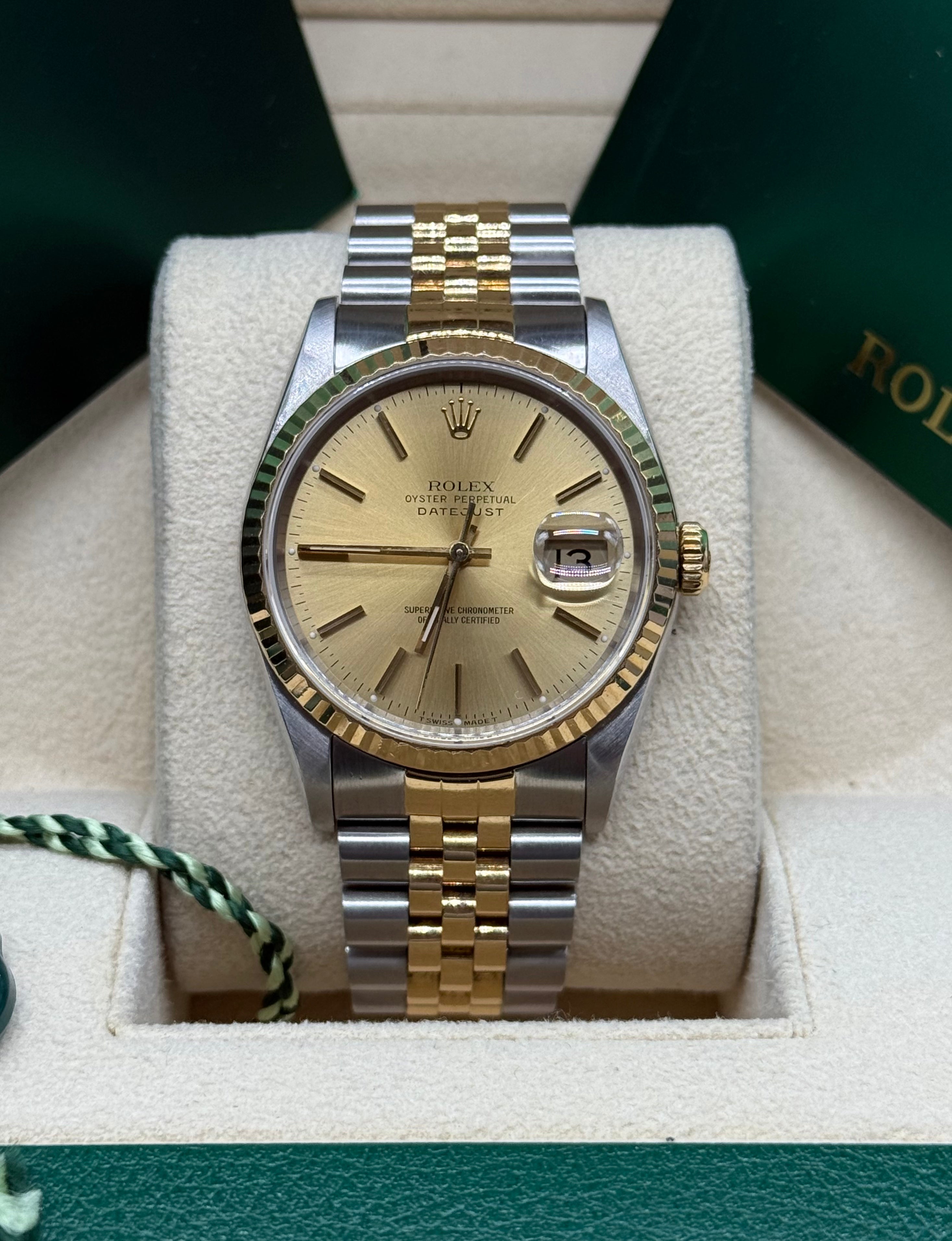 Rolex Datejust 36mm Two-Tone Stainless Steel & 18K Yellow Gold Champagne Dial Stick Hour Markers Fluted Bezel Jubilee Bracelet