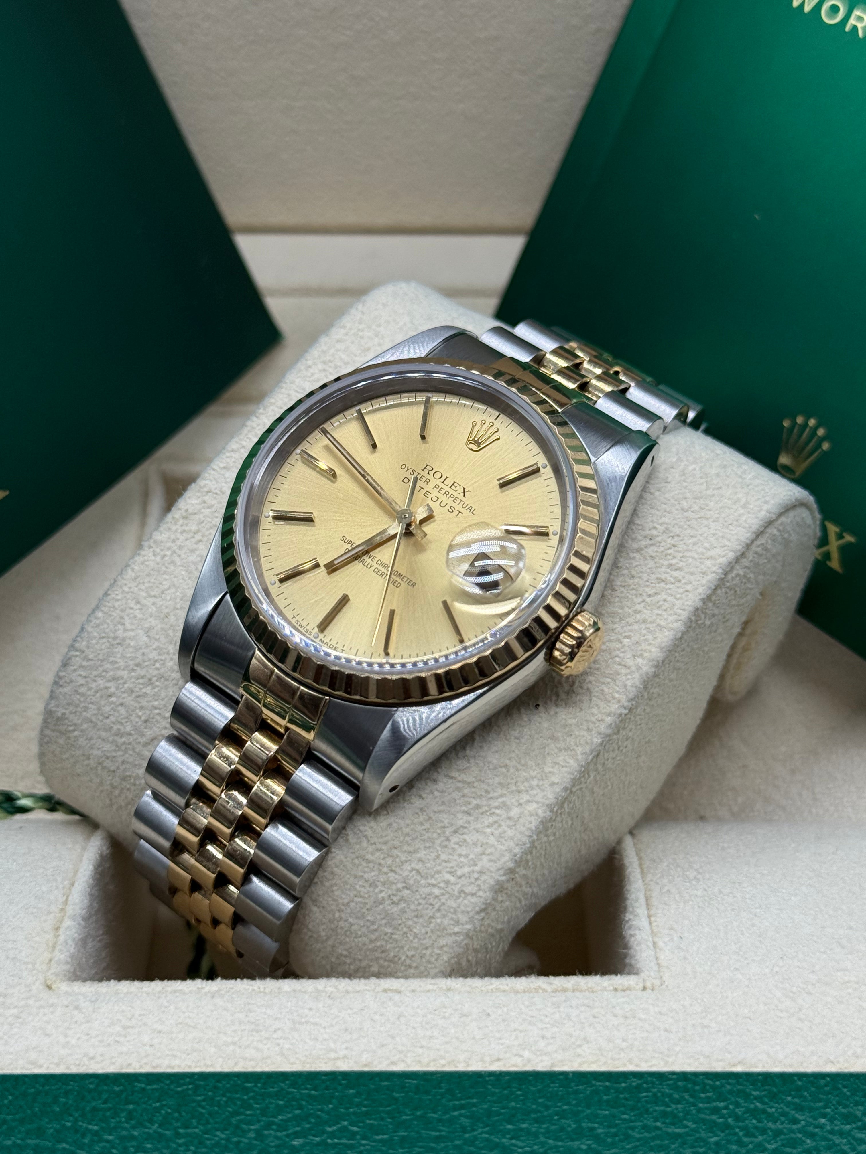 Rolex Datejust 36mm Two-Tone Stainless Steel & 18K Yellow Gold Champagne Dial Stick Hour Markers Fluted Bezel Jubilee Bracelet