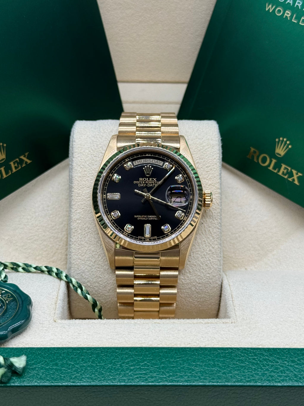 Rolex Day-Date 36mm 18K Yellow Gold Factory Black Baguette Diamond Dial Fluted Bezel President Bracelet